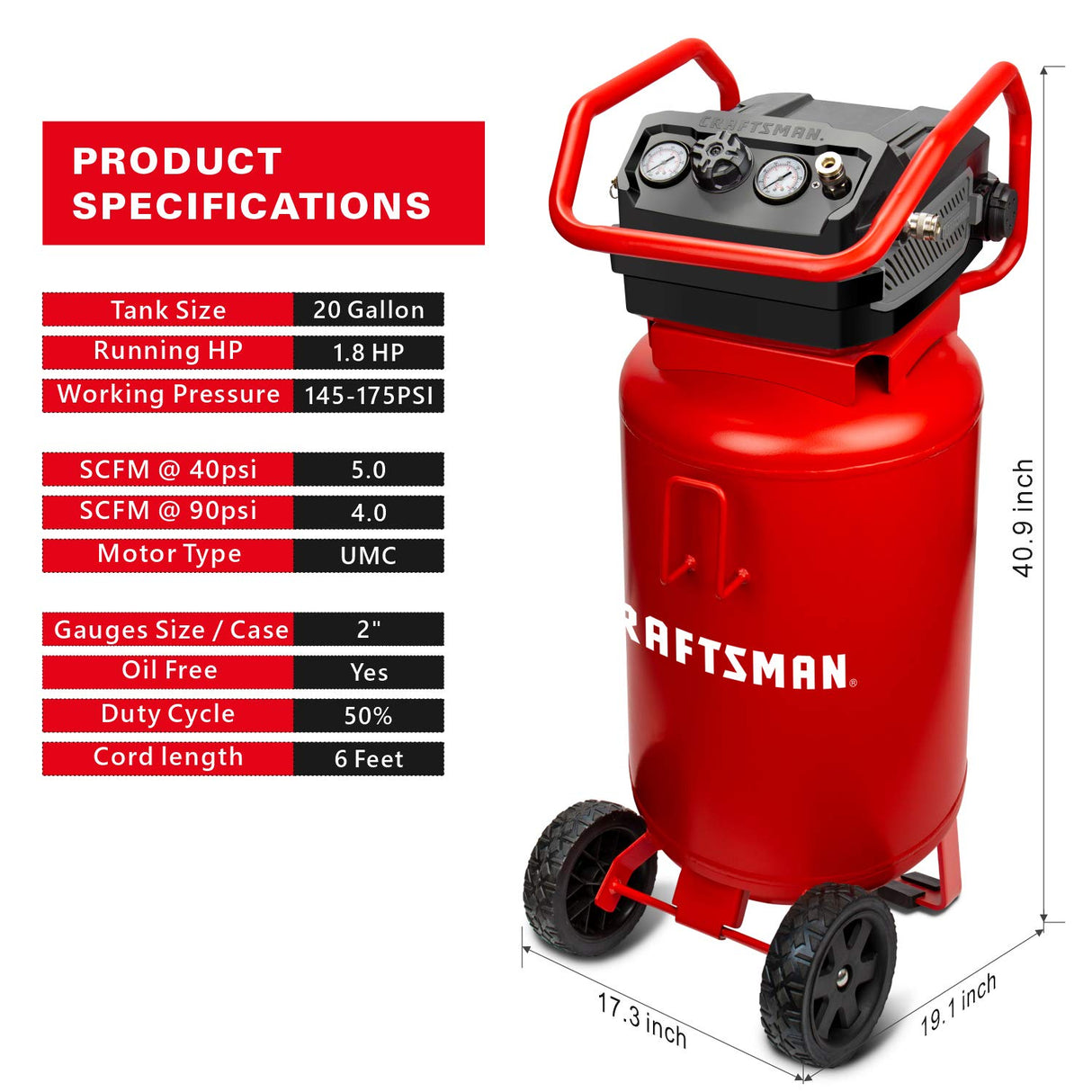 Craftsman Air Compressor, 20 Gallon Oil-Free 1.8 HP Max 175 PSI Pressure Two Quick Couplers Big Capacity, Red- CMXECXA0232043 Craftsman
