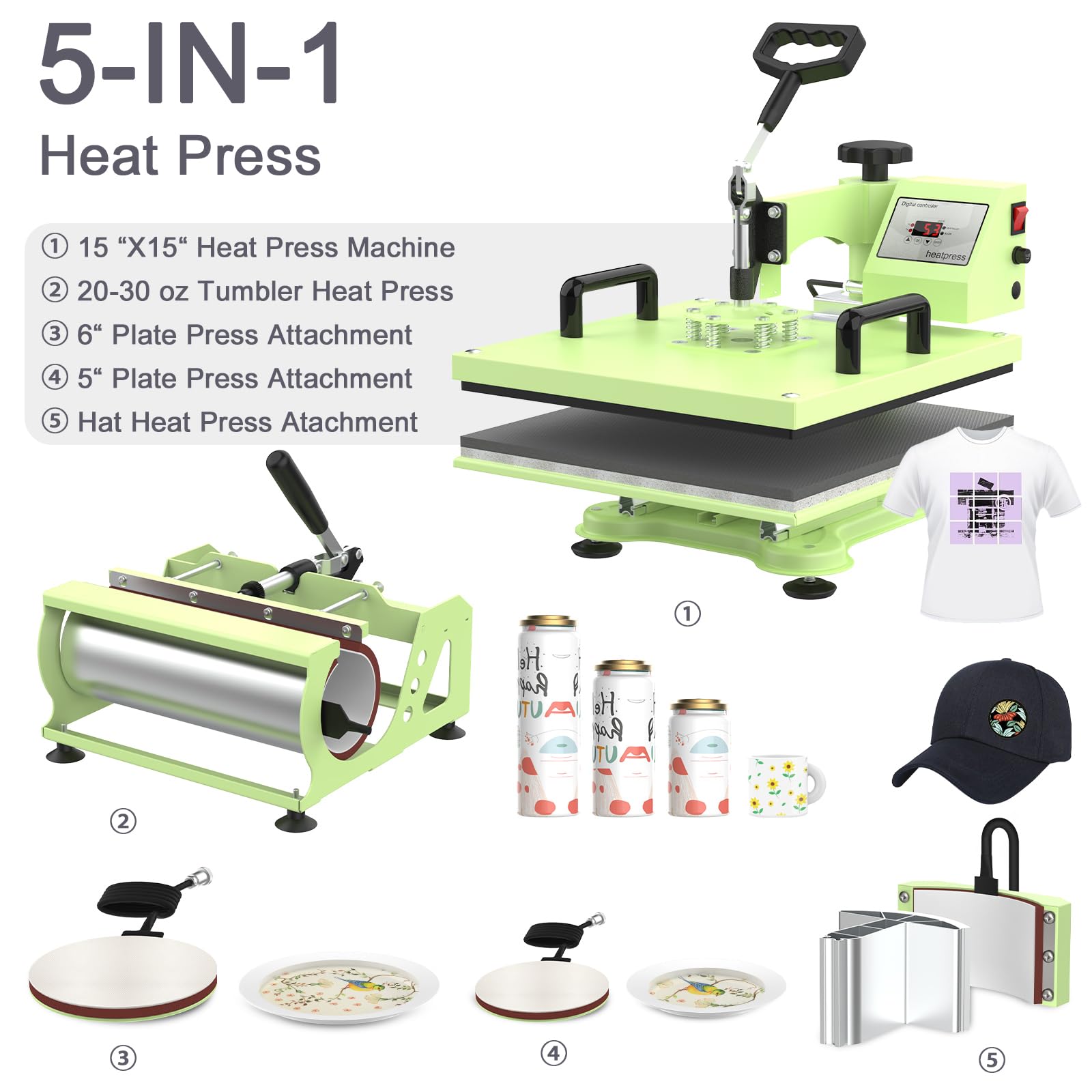 YIIFIISET Heat Press Machine 15x15,5-in-1 Heat Transfer Machine with 30oz Tumbler Press Attachment,360 Degree Swing Away Heat Press for - WoodArtSupply