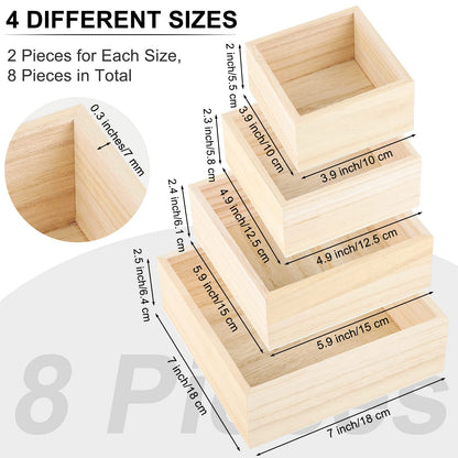 Aodaer 8 Pieces Unfinished Wooden Box in 4 Sizes Rustic Small Wood Box Square Storage Organizer Container Craft Box Paulownia Treasure Boxes for