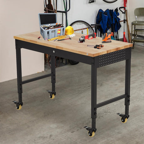ACONEE 72" x 25" Adjustable Workbench 2000 Lbs Capacity, Rubber Wood Table Heavy Duty Workstation with Hardwood Top, Power Outlets, Metal Frame, ACONEE