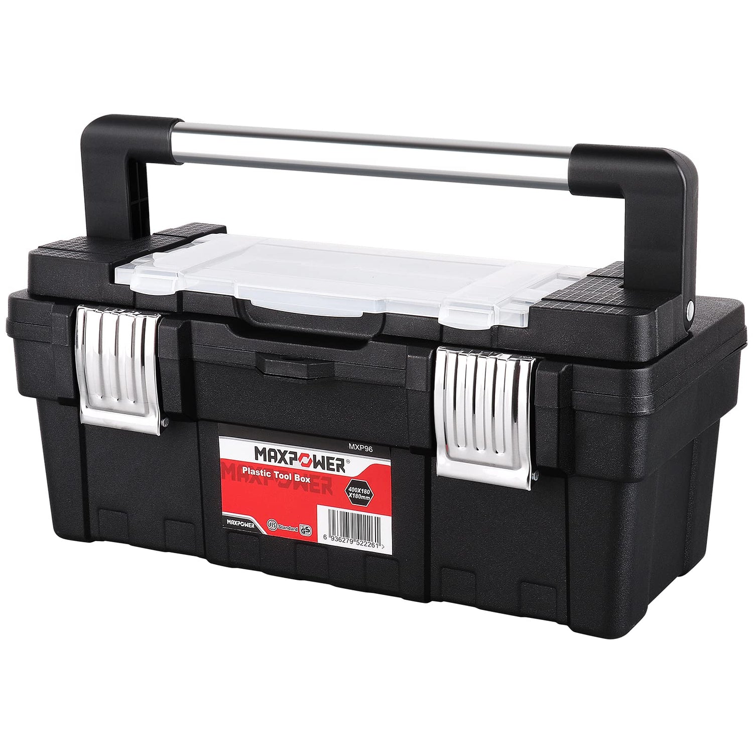 MAXPOWER 16 inch Tool Box with Removable Tray, Portable Toolbox with Stainless Steel Handle & Doule Metal Latch, Rated up to 33 Lbs MAXPOWER