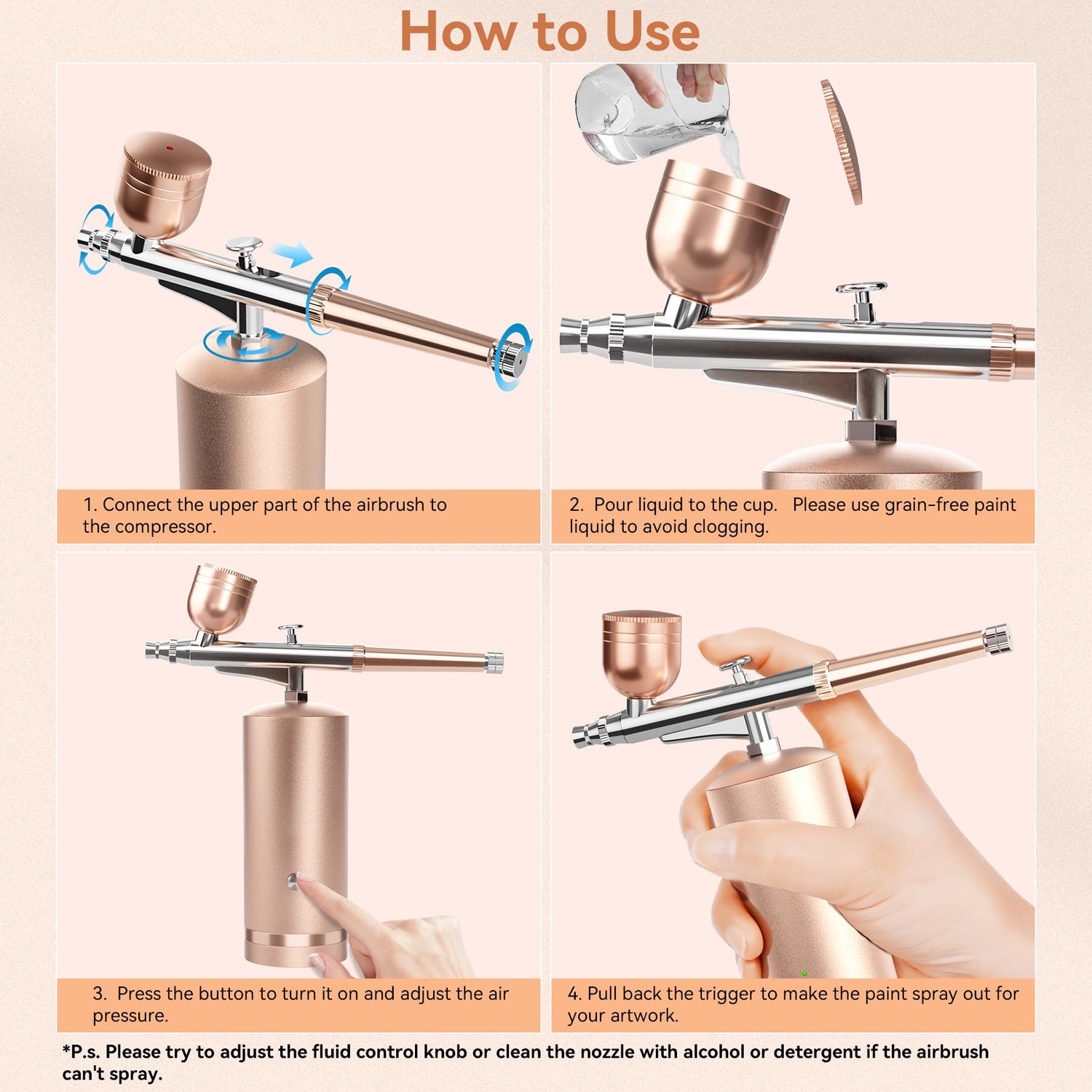 Airbrush Kit With Compressor - 48PSI Rechargeable Cordless Non-Clogging High-Pressure Air Brush Set with 0.3mm Nozzle and Cleaning Brush Set for Nail GEDSTMDRK