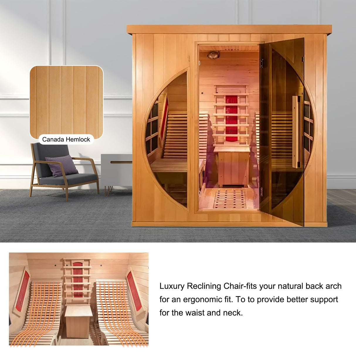 ZONEMEL Far Infrared 2 Person Wooden Sauna Room with Recliner, Red Cedar Luxury Indoor Sauna with 9 Heating Panels, Oxygen Bar, 3400 Watt, Infrared ZONEMEL