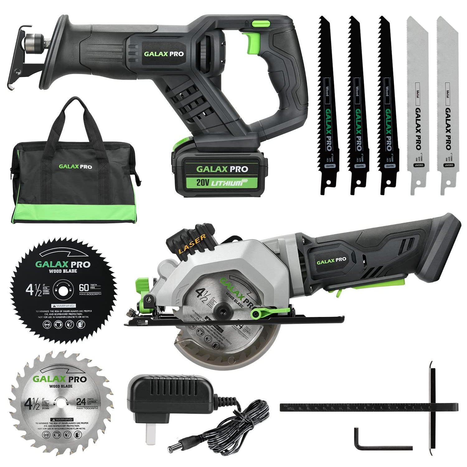 GALAX PRO Circular Saw and Reciprocating Saw Combo Kit with 1pcs 4.0Ah Lithium Battery and One Charger, 7 Saw Blades and Tool Bag GALAX PRO