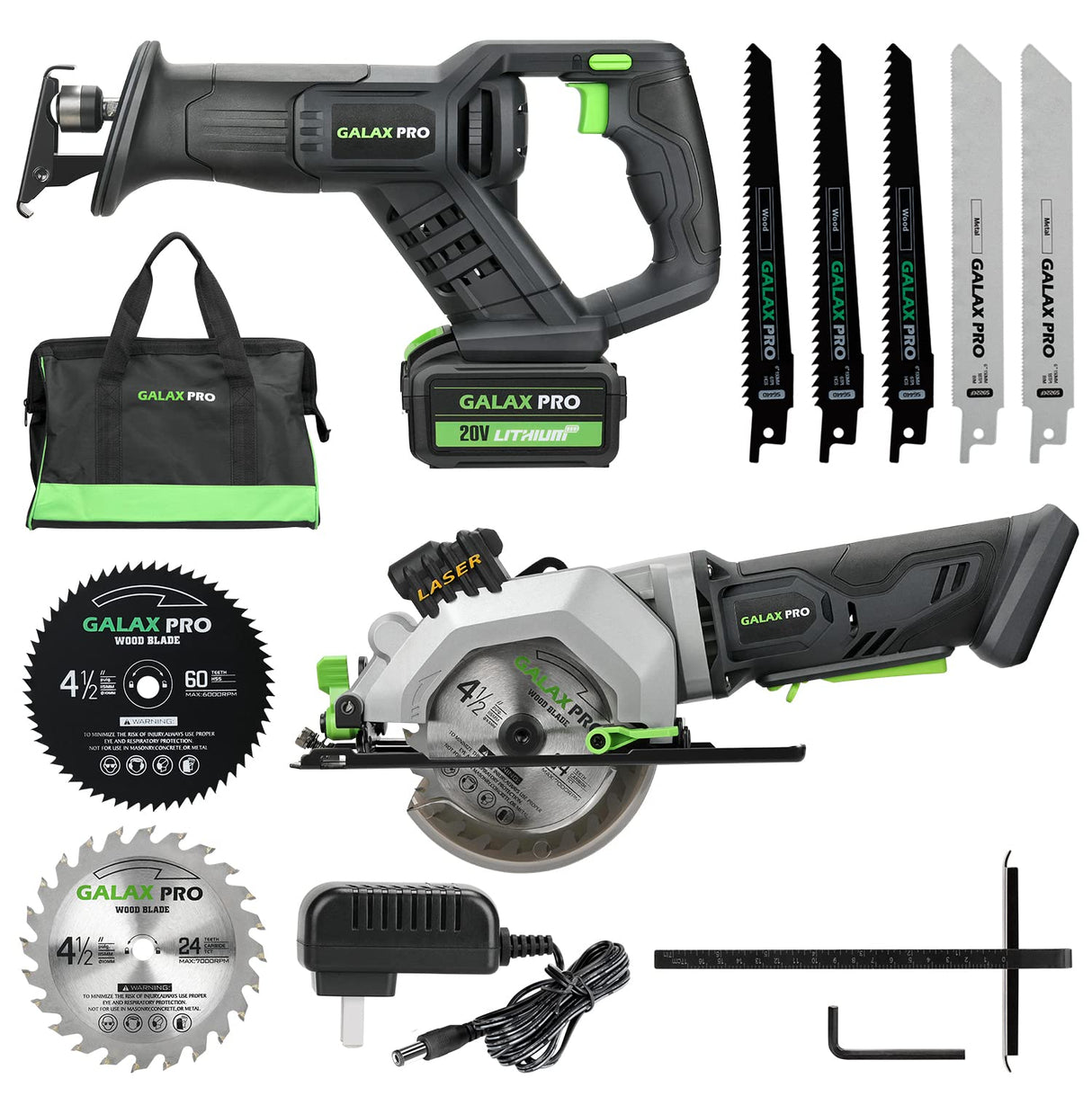 GALAX PRO Circular Saw and Reciprocating Saw Combo Kit with 1pcs 4.0Ah Lithium Battery and One Charger, 7 Saw Blades and Tool Bag GALAX PRO