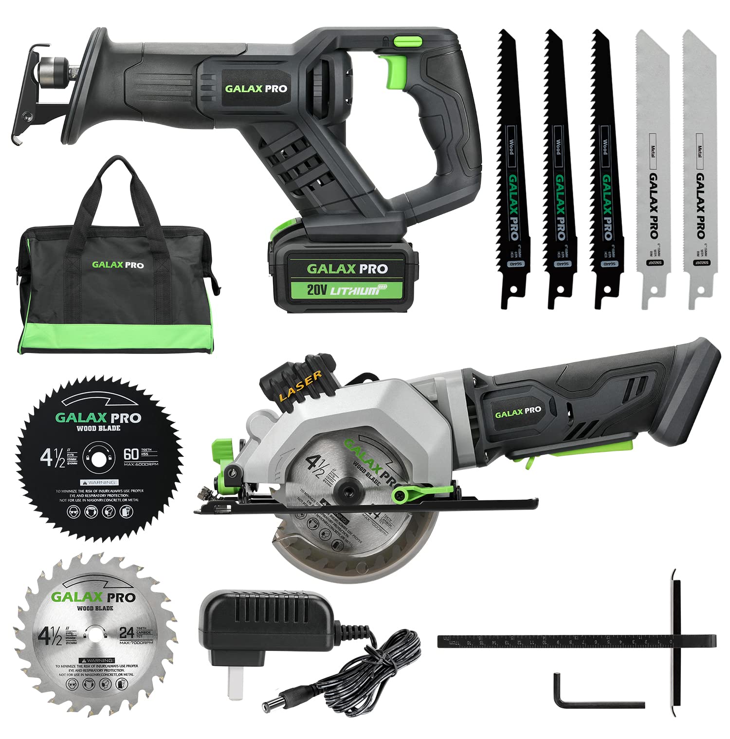 GALAX PRO Circular Saw and Reciprocating Saw Combo Kit with 1pcs 4.0Ah Lithium Battery and One Charger, 7 Saw Blades and Tool Bag - WoodArtSupply