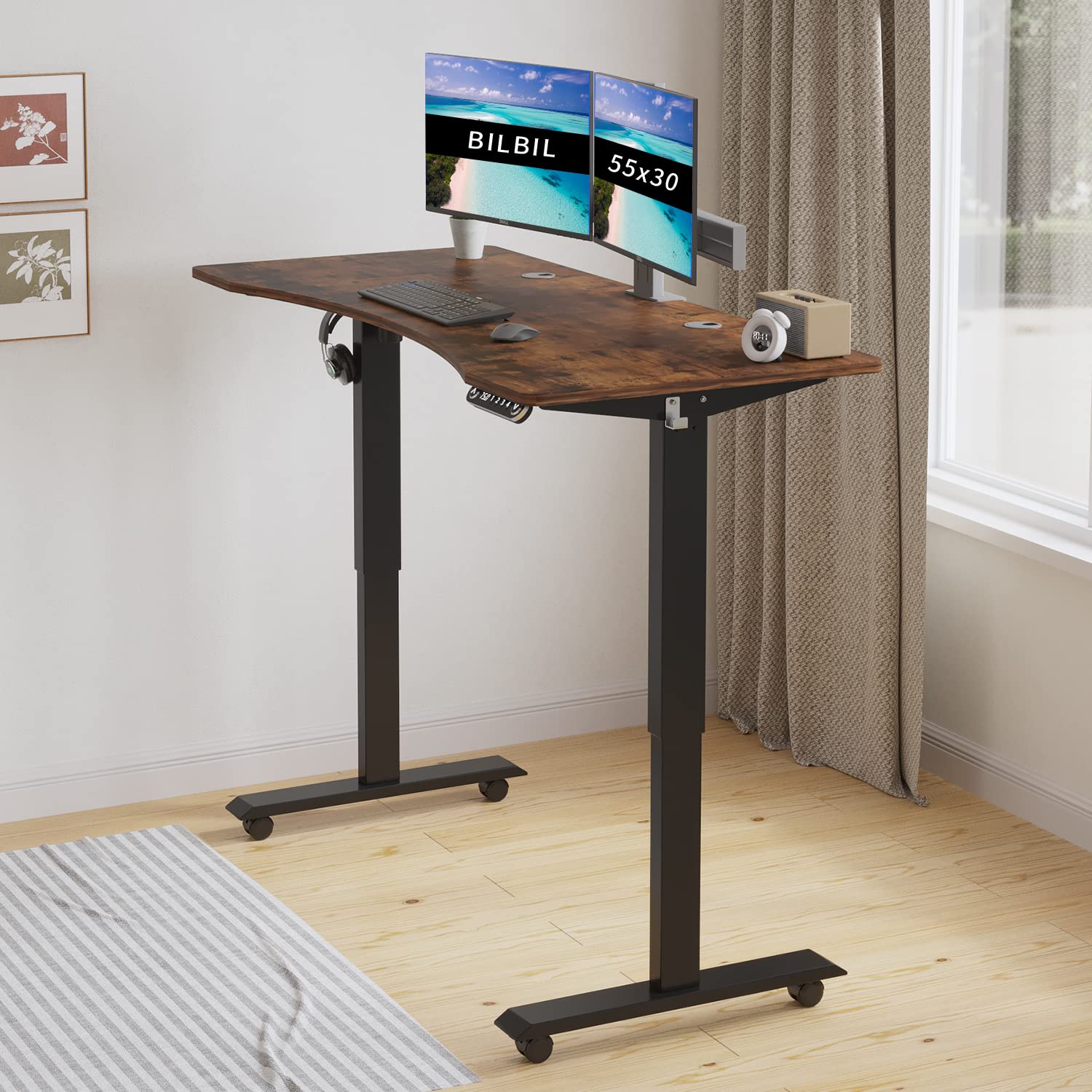 bilbil 55 x 30 Inches Curved Electric Standing Desk, Height Adjustable Sit to Stand Desk Home Office Desks with 4 Splice Boards, Casters with Brake, - WoodArtSupply