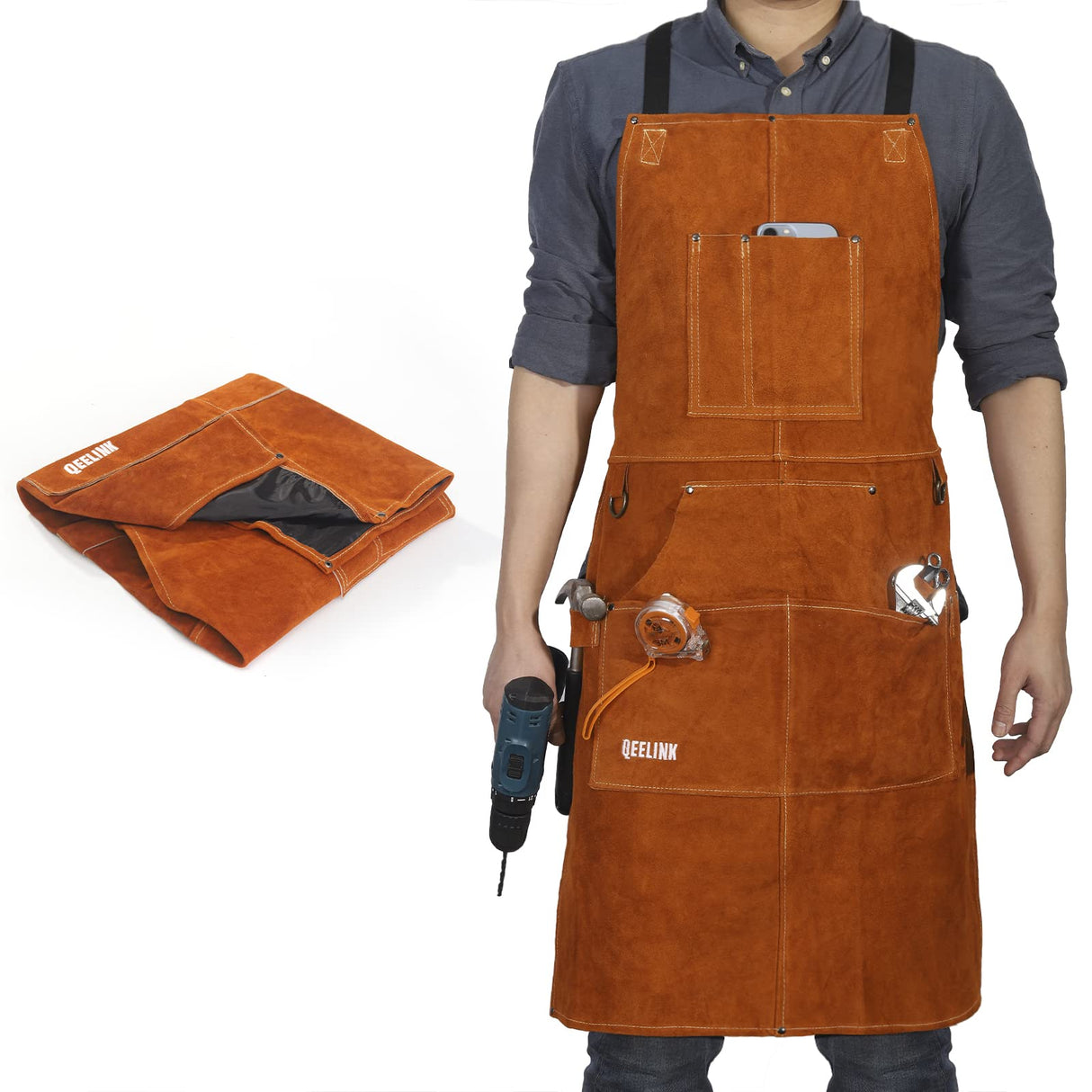 QeeLink Leather Welding Work Shop Apron with 6 Tool Pockets, Heat & Flame Resistant Cowhide Heavy Duty Blacksmith Apron, 24" x 36", Adjustable M to QeeLink