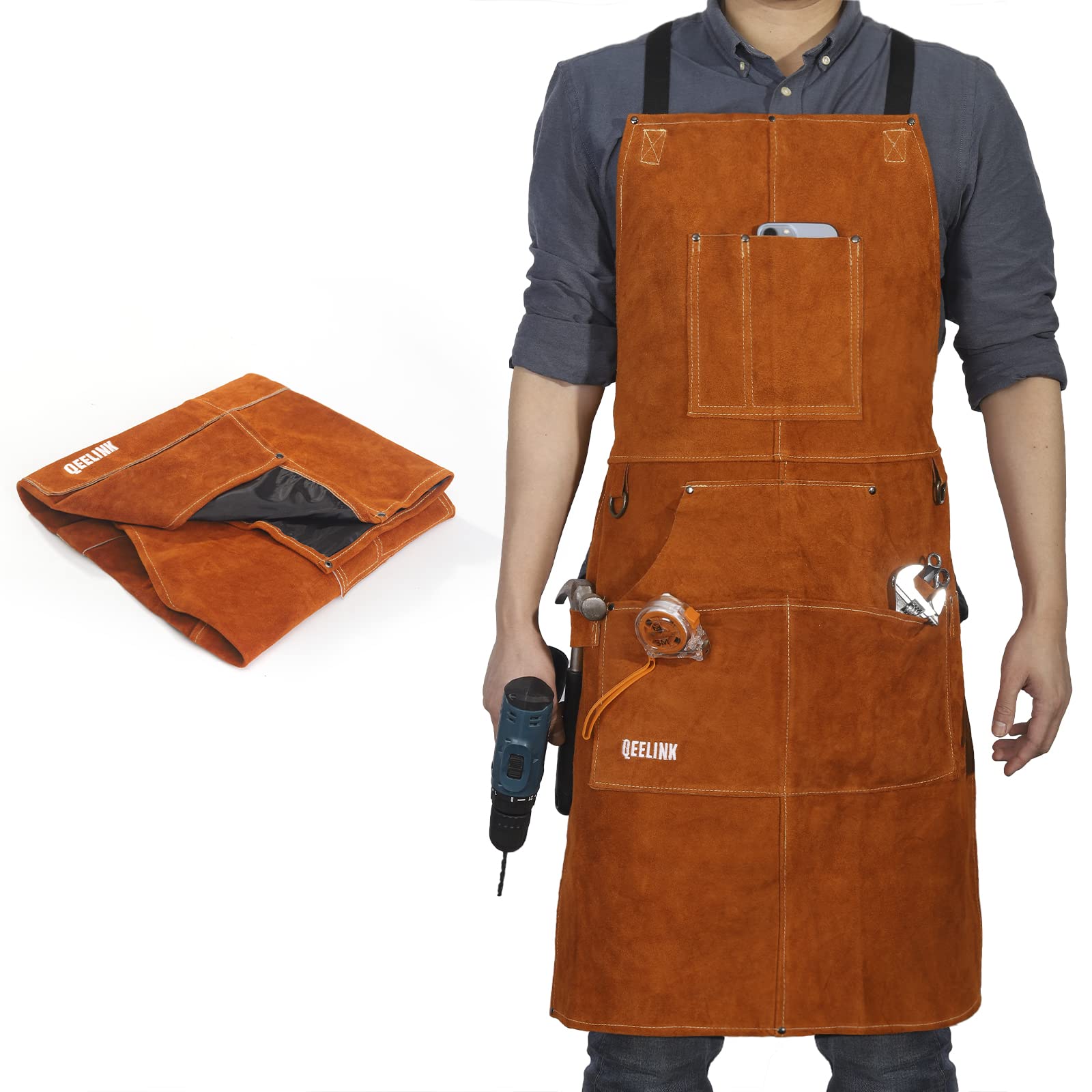 QeeLink Leather Welding Work Shop Apron with 6 Tool Pockets, Heat & Flame Resistant Cowhide Heavy Duty Blacksmith Apron, 24" x 36", Adjustable M to - WoodArtSupply