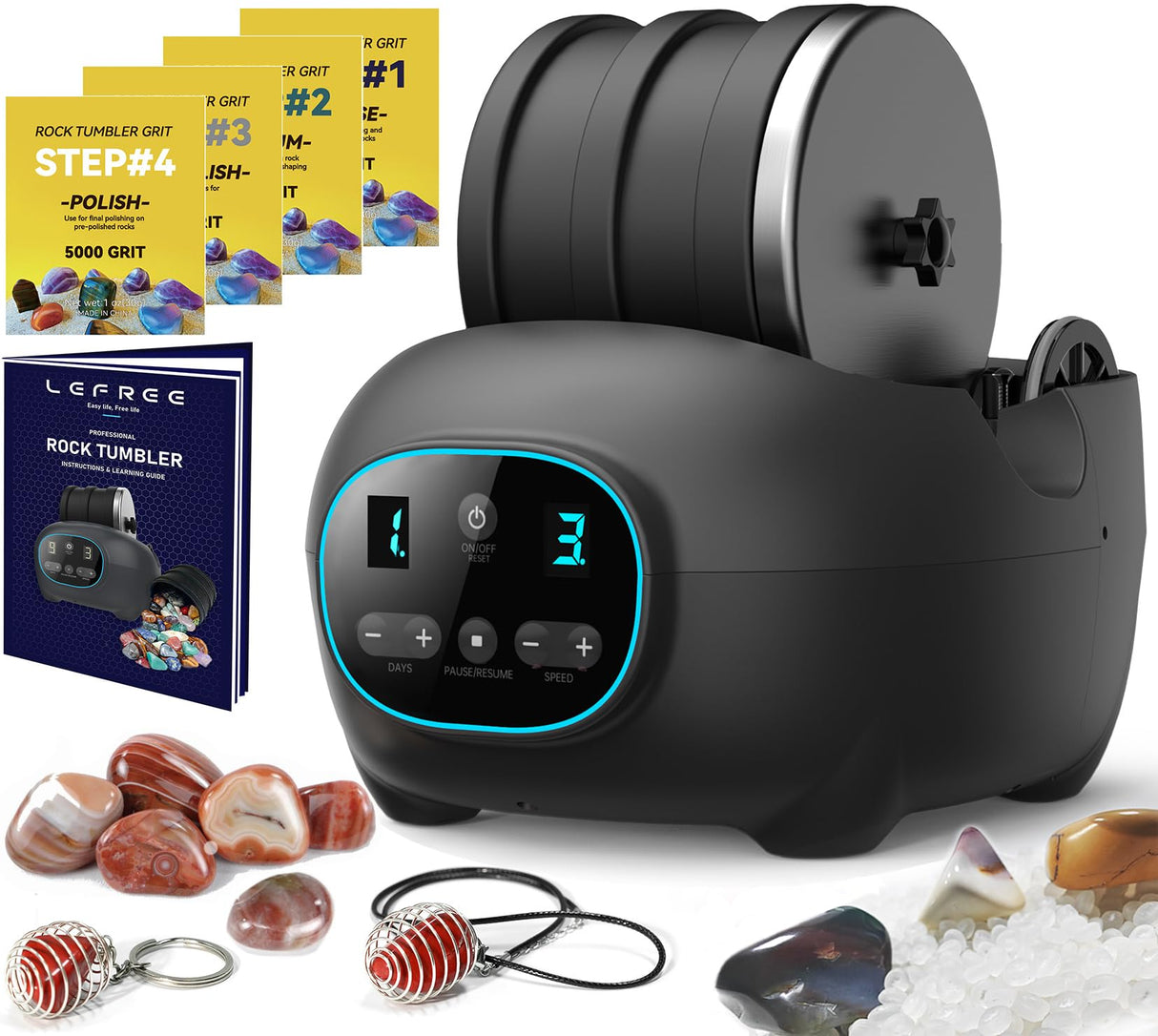 Lefree store Rock Tumbler Kit for Adults Kids, Professional Rock Polisher with 3LB Leak Proof Rubber Barrel, Includes 1 LB Rough Rocks,4 Rock Tumbler Lefree store