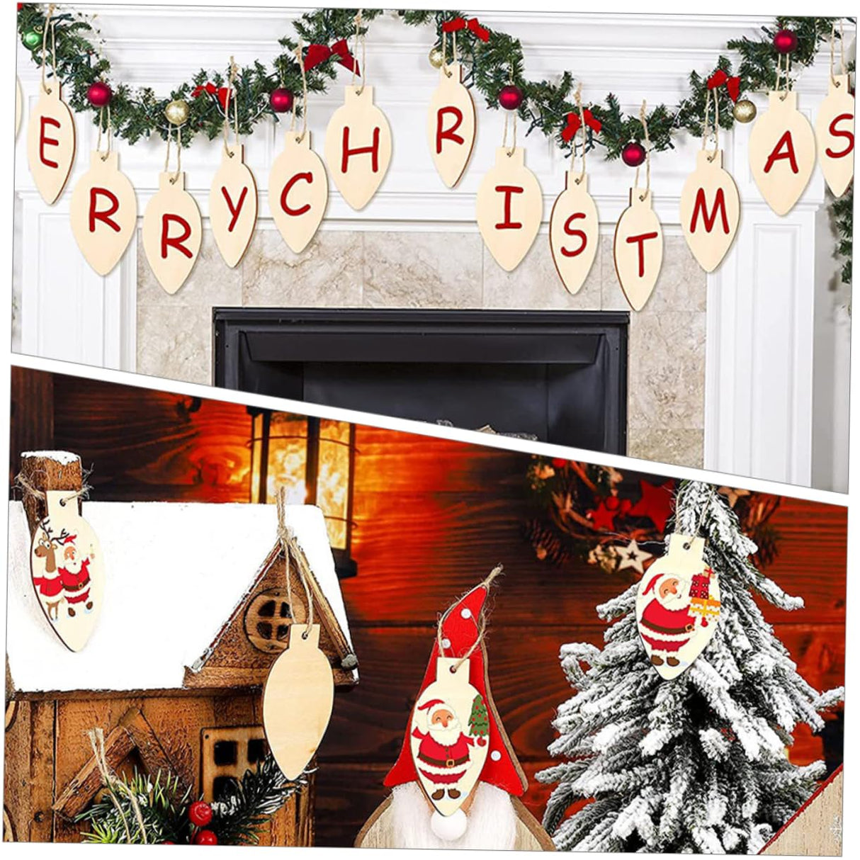 Artibetter 50pcs Christmas Wooden Cutout Unfinished Light Bulb Wooden Slices DIY Wooden Slice with Rope Wooden Christmas Ornaments Decor Kindergarten ARTIBETTER