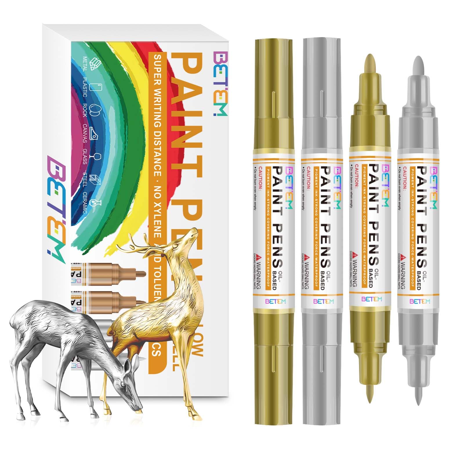 Betem Oil Based Paint Markers, Dual Tip Paint Pens(0.7mm & 3mm), Gold Silver Permanent Paint Marker Pen, Waterproof, Quick Dry, for Fabric, Rock - WoodArtSupply