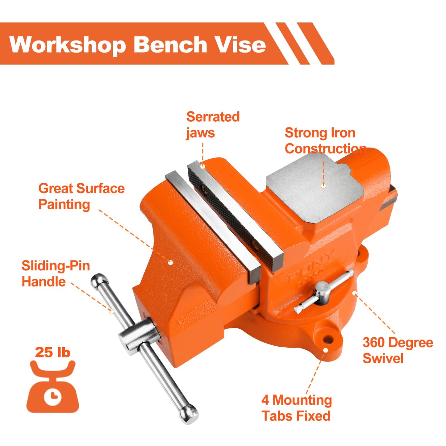 PONY Heavy Duty Bench Vise, 5-inch Jaw Width 4-inch Jaw Opening, Swivel Base with Anvil, Utility Combination Pipe Home Vise for Woodworking, One-Pair - WoodArtSupply