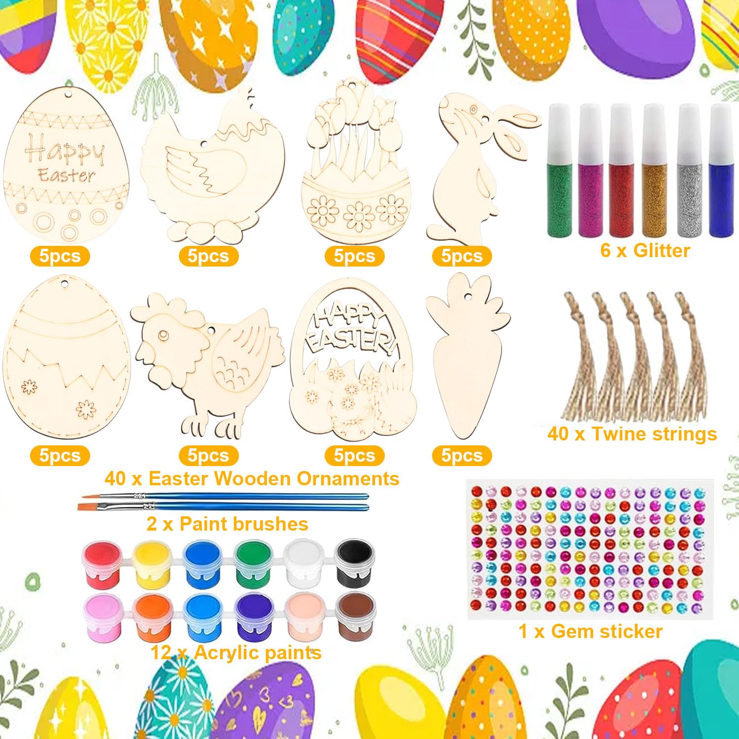 Easter Wooden Painting Craft Kit, 40Pcs Unfinished Easter Wooden Ornaments, DIY Easter Wood Cutouts Easter Egg Bunny Chick Tulip Ornaments Easter - WoodArtSupply