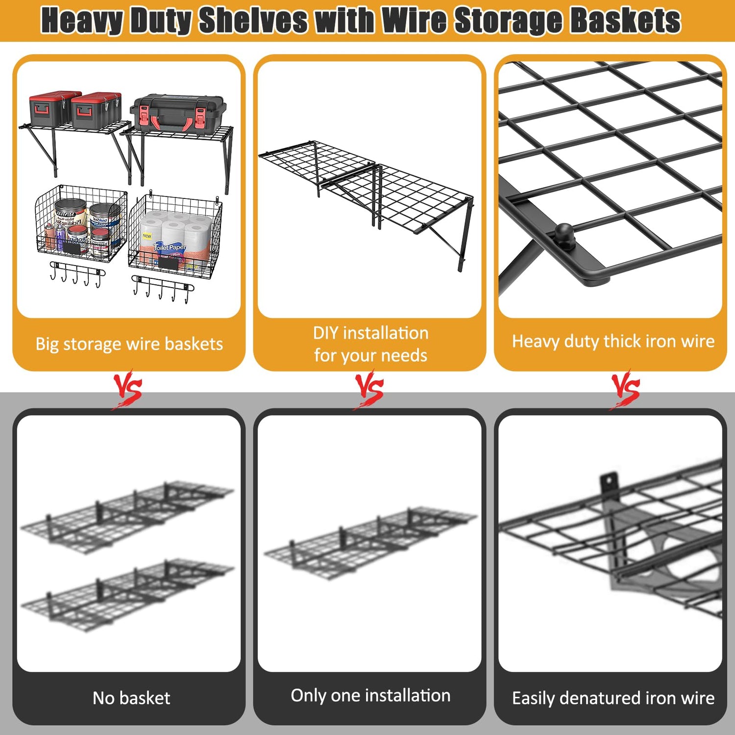 ThreeHio 2 Pack Garage Shelves Wall Mounted with Wire baskets, Heavy Duty Garage Wall Shelving with Hooks, Wire Shelf Baskets Tool Organizer for Home ThreeHio