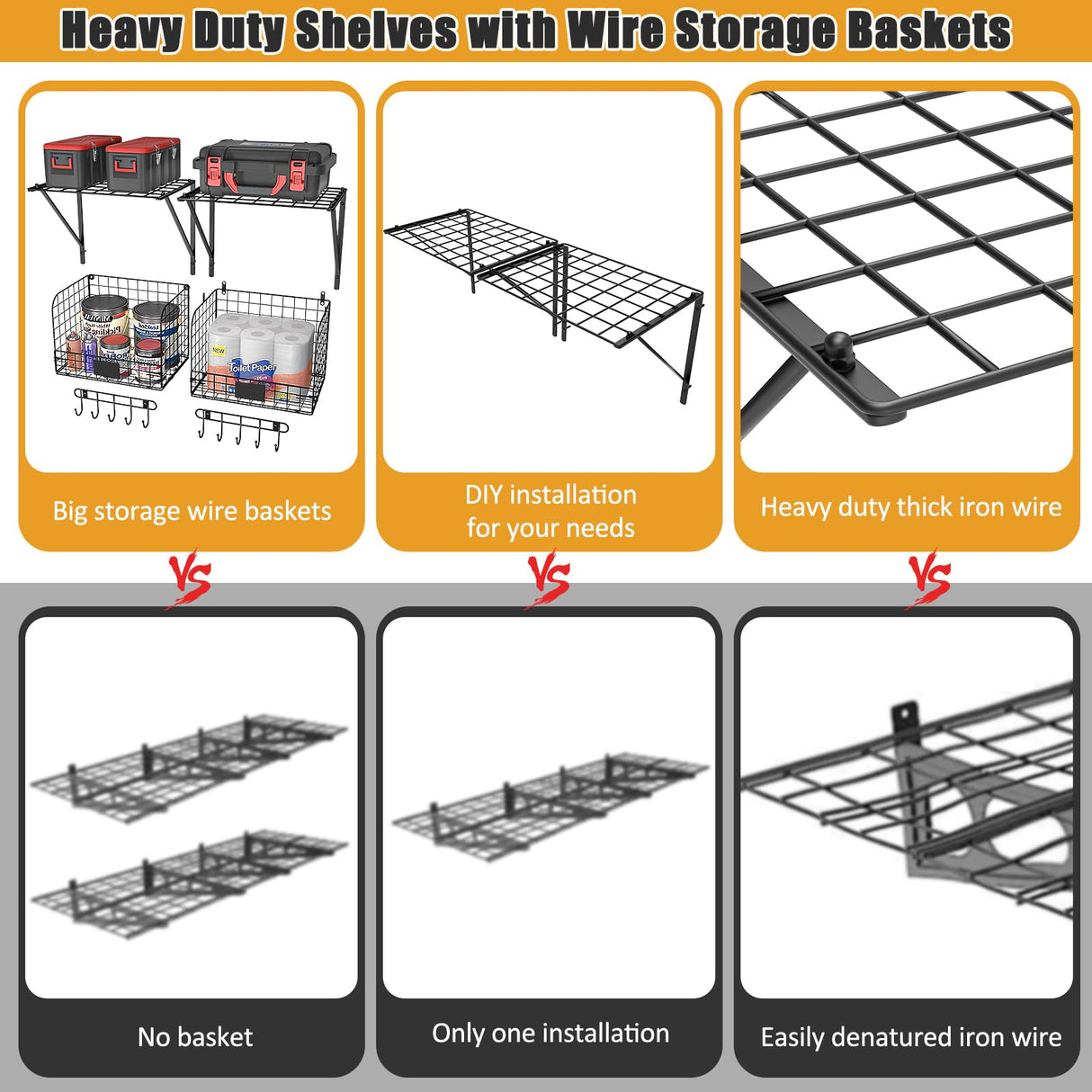 ThreeHio 2 Pack Garage Shelves Wall Mounted with Wire baskets, Heavy Duty Garage Wall Shelving with Hooks, Wire Shelf Baskets Tool Organizer for Home ThreeHio