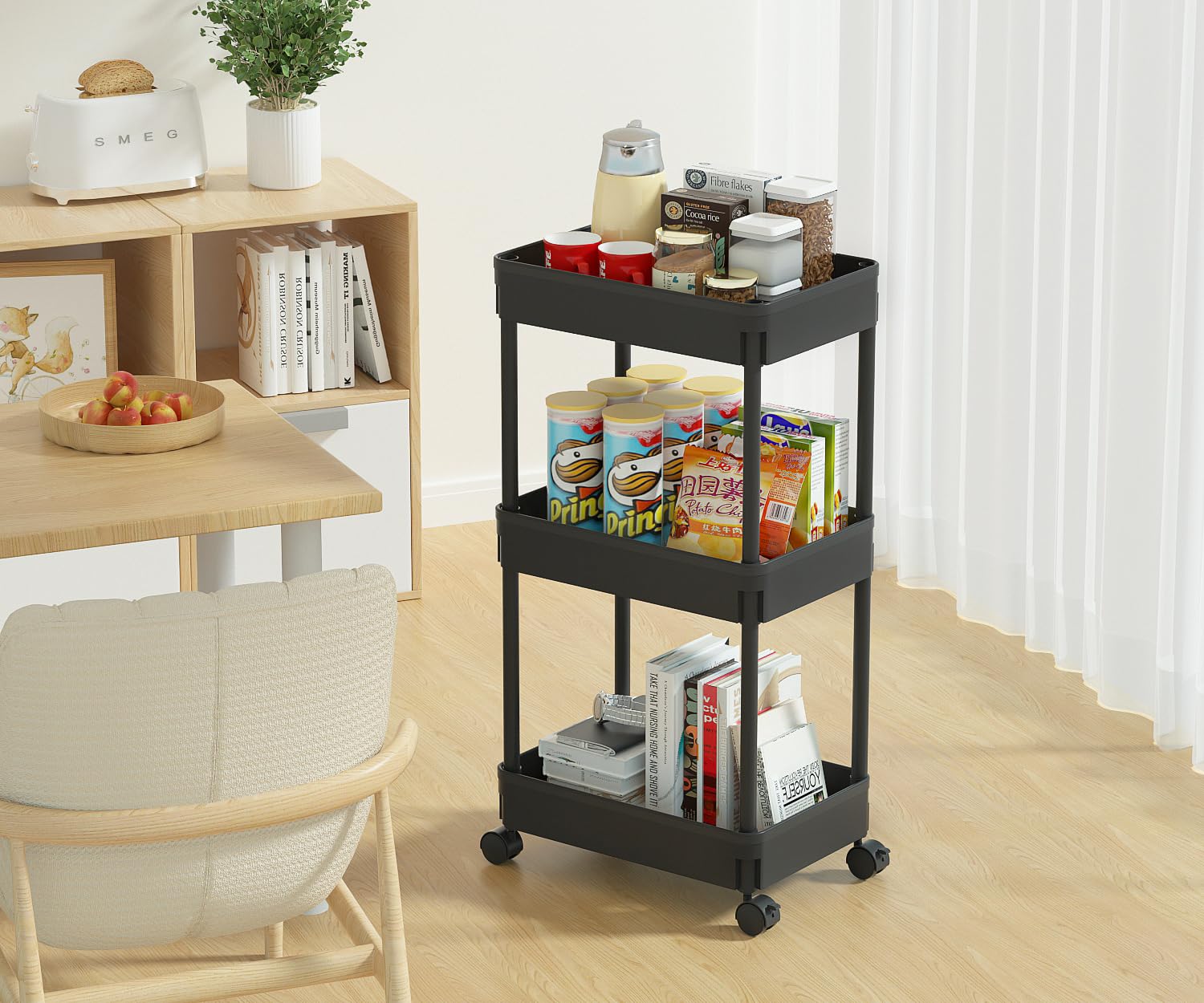 Sooyee 3-Tier Plastic Rolling Utility Cart with Wheels, Multi-Functional Storage Trolley for Office, Living Room, Kitchen, Movable Storage Organizer Sooyee