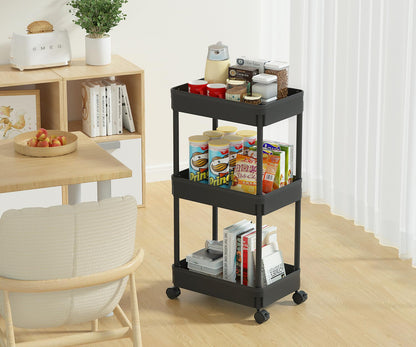 Sooyee 3-Tier Plastic Rolling Utility Cart with Wheels, Multi-Functional Storage Trolley for Office, Living Room, Kitchen, Movable Storage Organizer with Wheels, Black