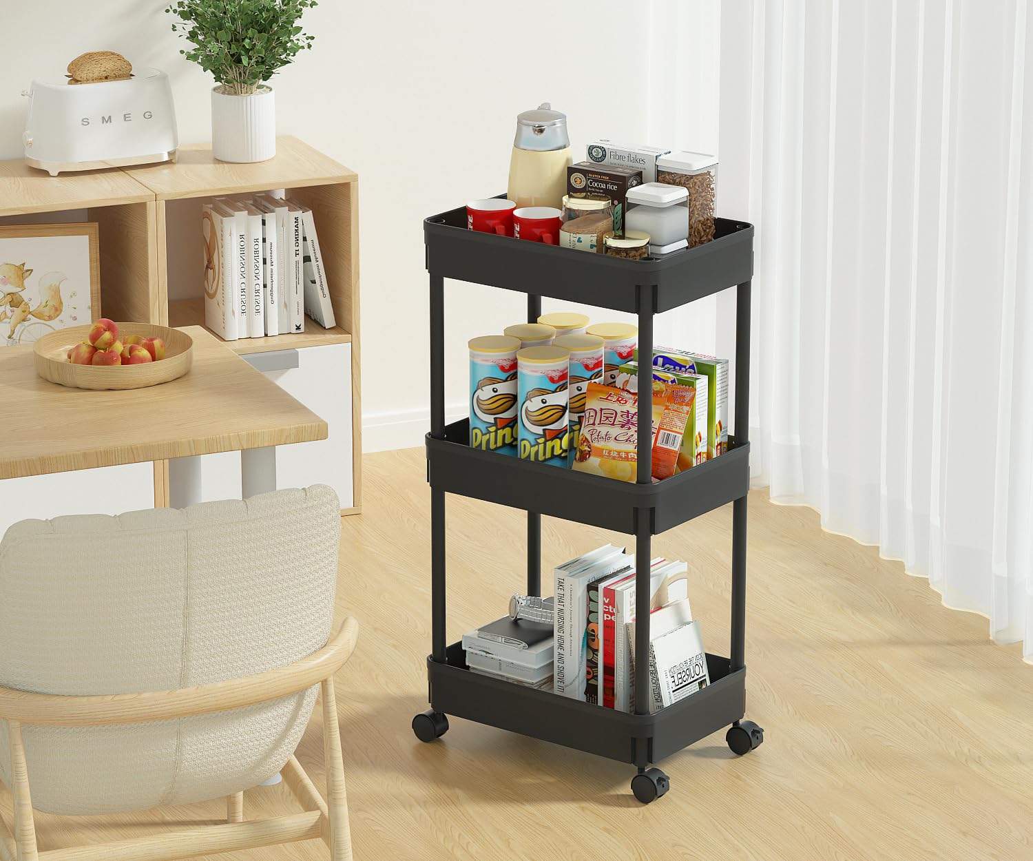 Sooyee 3-Tier Plastic Rolling Utility Cart with Wheels, Multi-Functional Storage Trolley for Office, Living Room, Kitchen, Movable Storage Organizer - WoodArtSupply