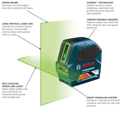 Bosch GLL 100 GX Self Leveling Cross Line Laser Level [100 FT] Horizontal & Vertical Mode Electronic Laser Includes Batteries, Magnetic Mounts and