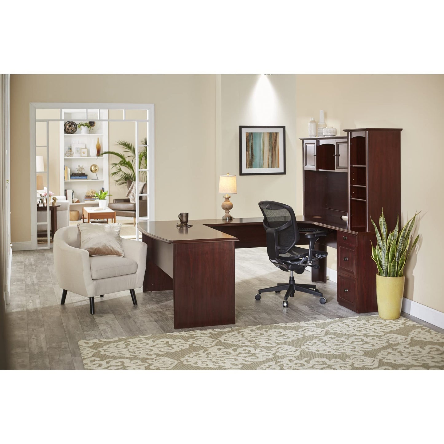 Realspace® Broadstreet 65"W U-Shaped Executive Corner Desk, Cherry - WoodArtSupply