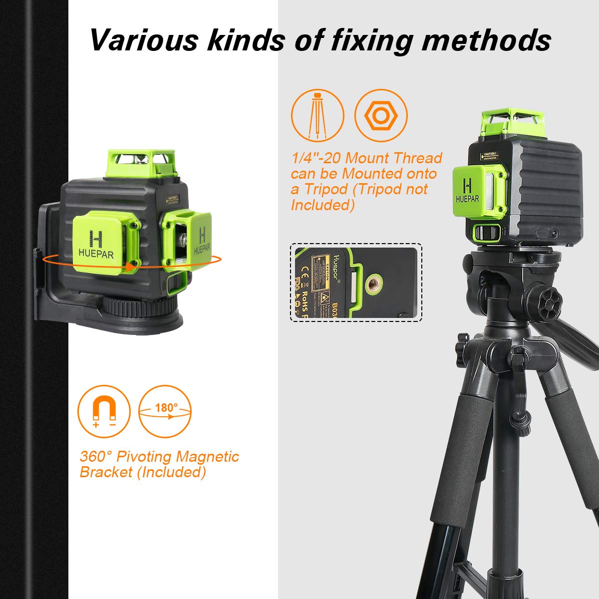 Huepar 3D Cross Line Self-leveling Laser Level, 3 x 360 Green Beam Three-Plane Leveling and Alignment Laser Tool, Hard Carry Case Included - B03CG - WoodArtSupply