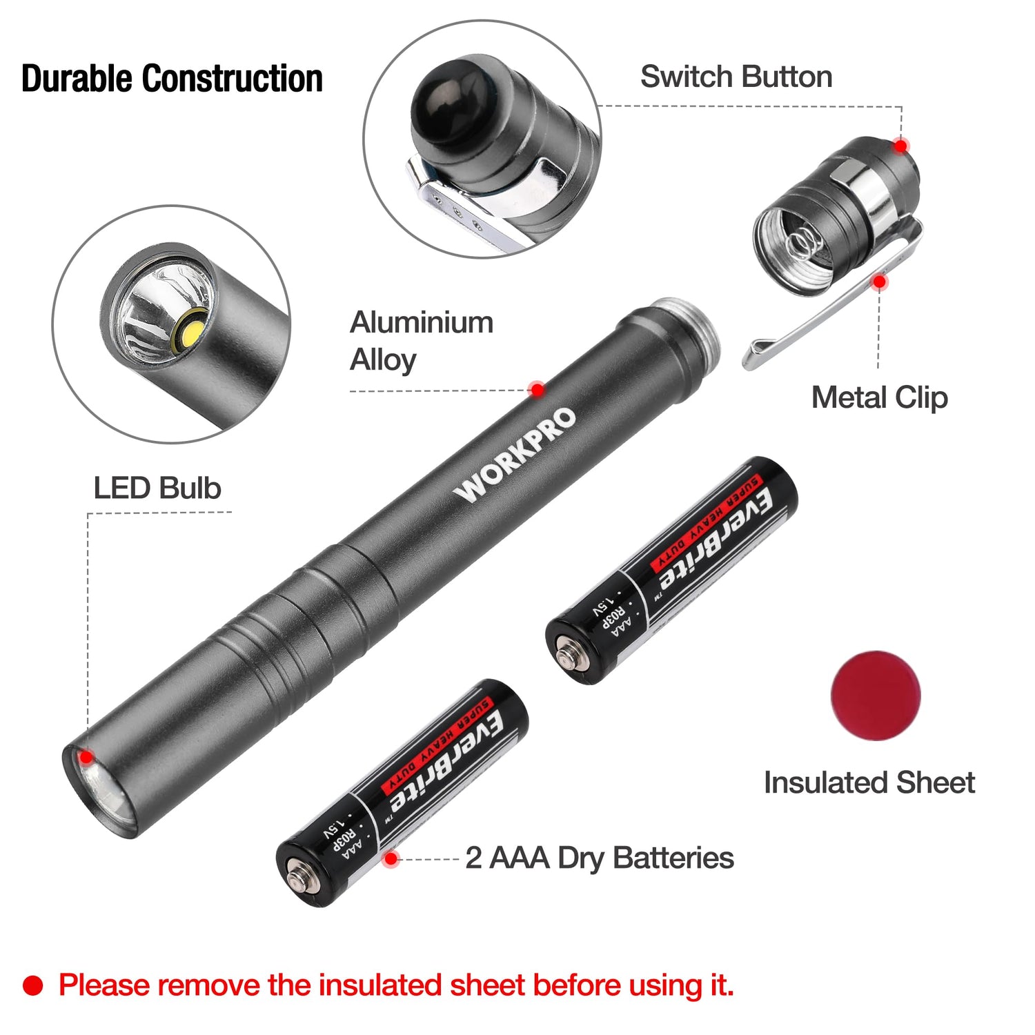 WORKPRO LED Pen Light, Aluminum Pen Flashlights, Pocket Flashlight with Clip for Inspection, Emergency, Everyday, 8AAA Batteries Include, WORKPRO