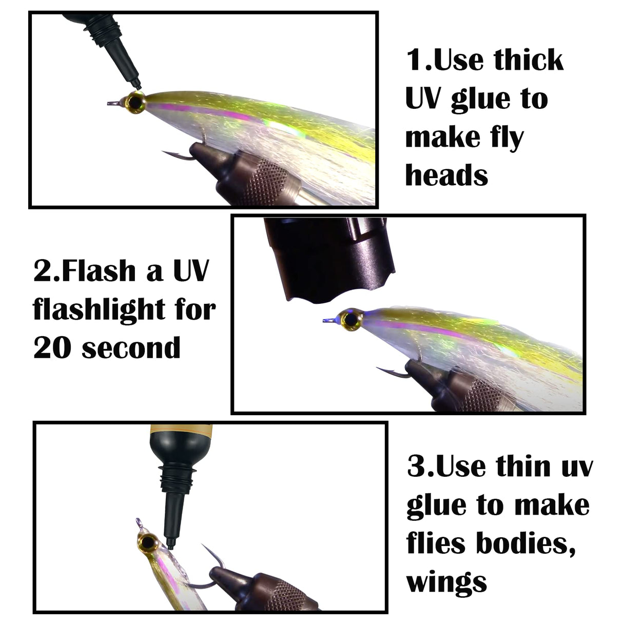 Riverruns UV Clear Glue Three Glue Formula Thick,Thin and Super Flew +12 LED Power Light Fly Tying for Building Flies Flies Heads Bodies and Wings Riverruns