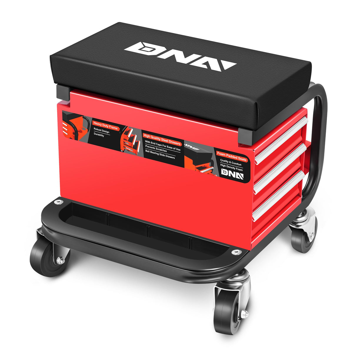 DNA MOTORING 3-Drawer Rolling Mechanic Seat Garage Shop Roller Stool with Tray and Storage Slots, 242lbs / 110kg Weight Capacity,TOOLS-00142 DNA MOTORING