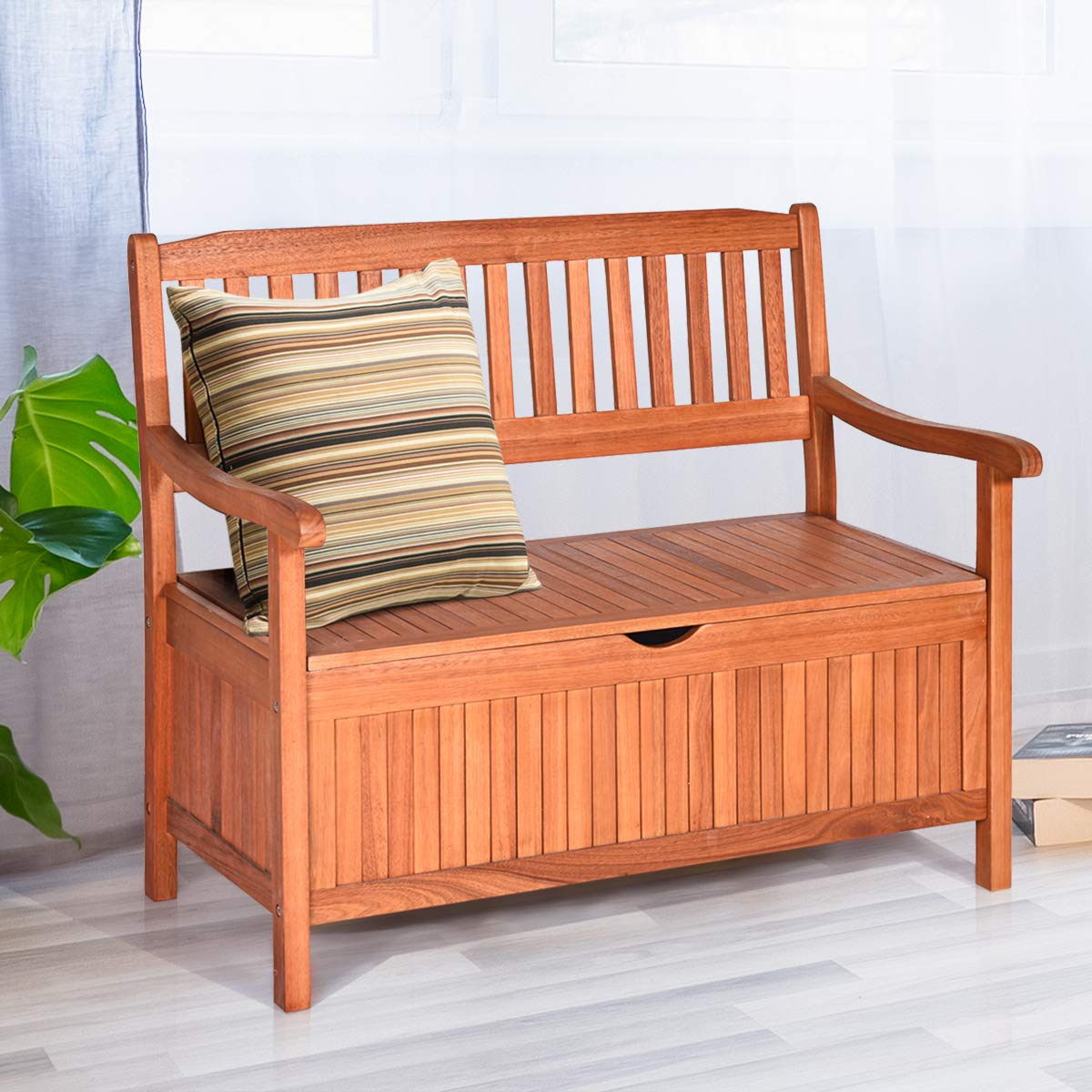 Tangkula Large Wooden Outdoor Storage Bench with Dustproof Lining and Removable Inner Bag Tangkula