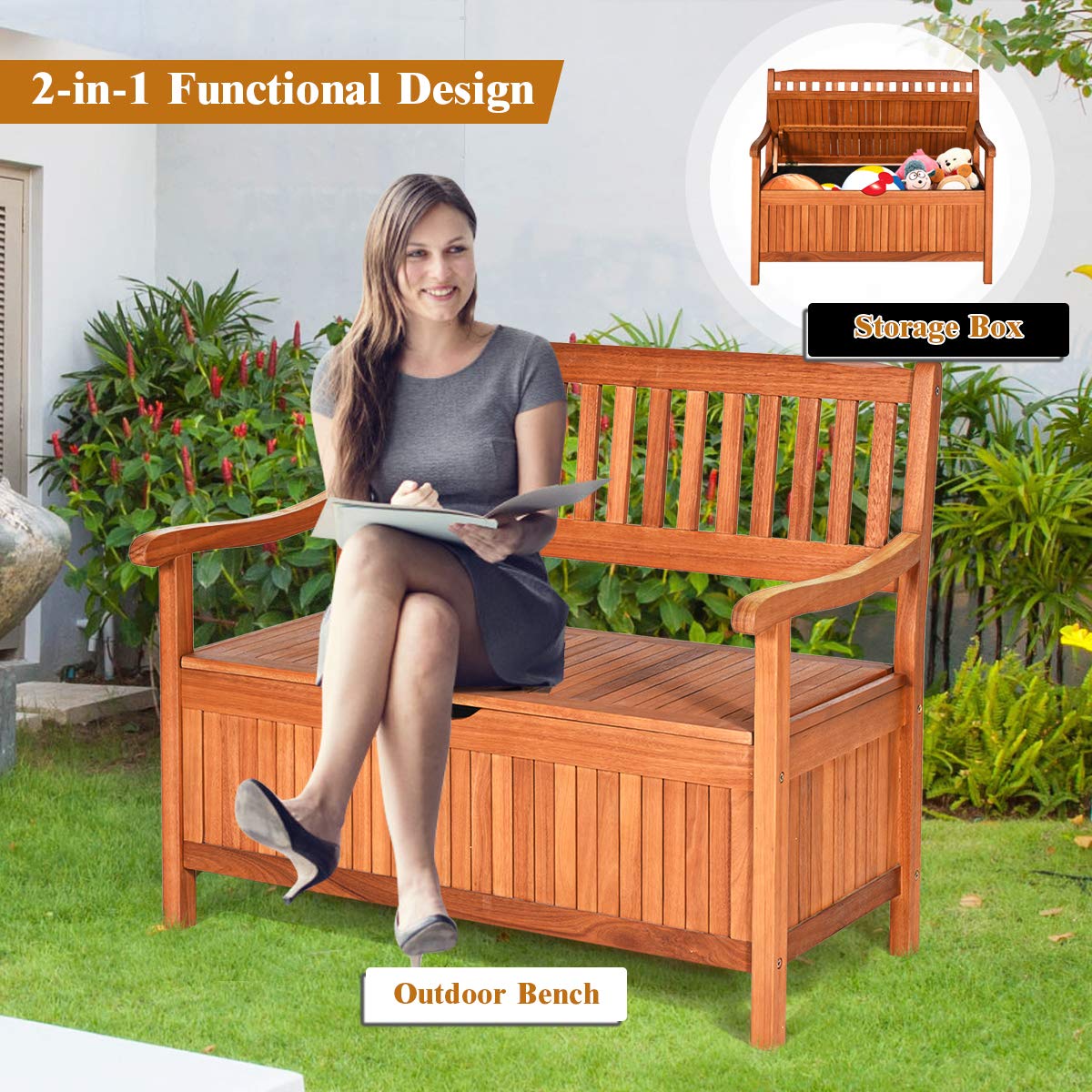 Tangkula Large Wooden Outdoor Storage Bench with Dustproof Lining and Removable Inner Bag Tangkula