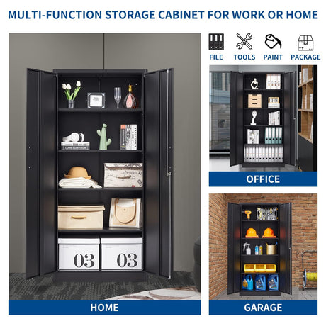 Fesbos Metal Storage Cabinet-71” Tall Steel File Cabinets with Lockable Doors and Adjustable Shelves-Black Steel Storage Cabinet for Home, School, Fesbos