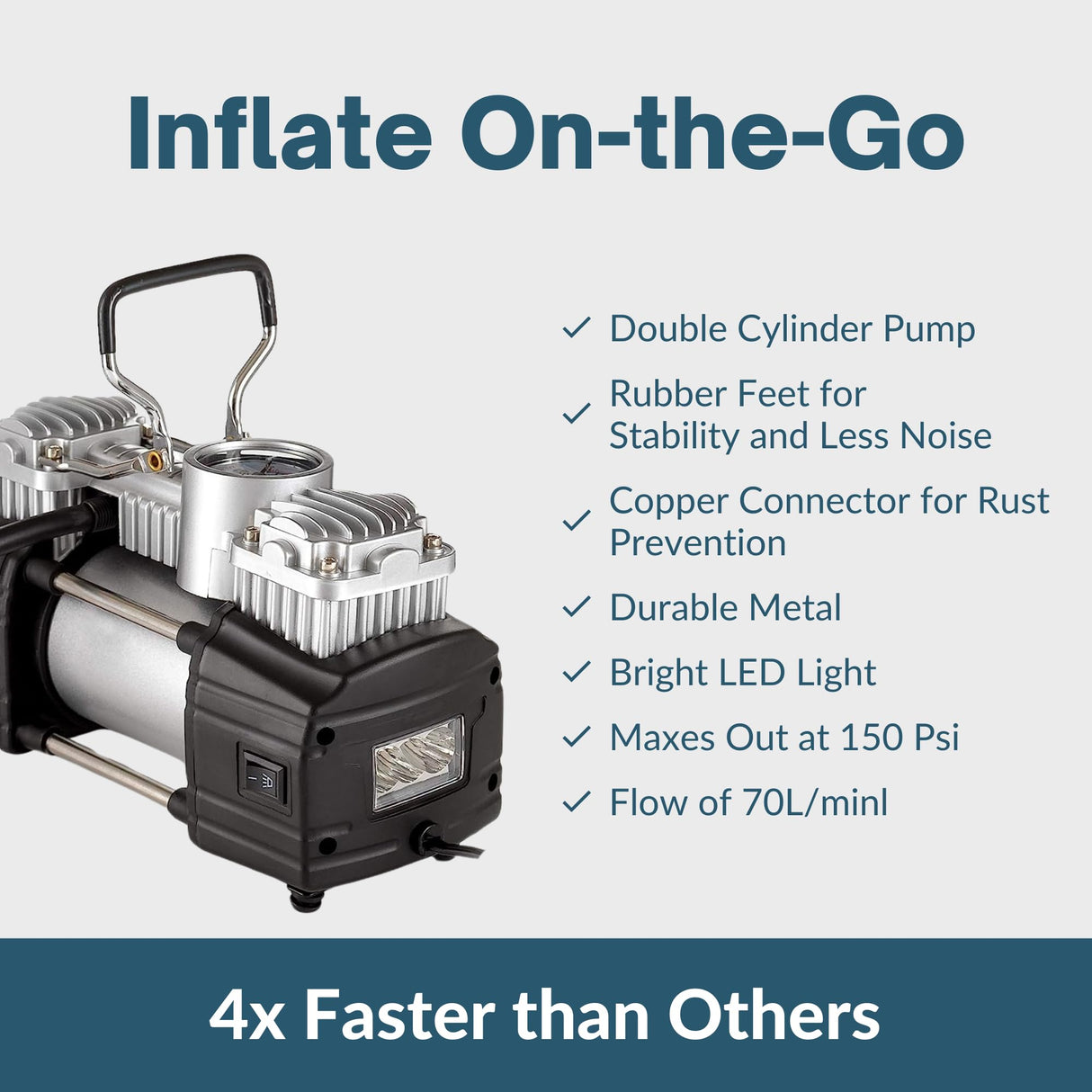 Asani 12V Air Compressor - Portable & Compact Tire Pump, 150 PSI Heavy-Duty Double Cylinder Tire Inflator with LED Flashlight, Ideal for SUVs, Asani