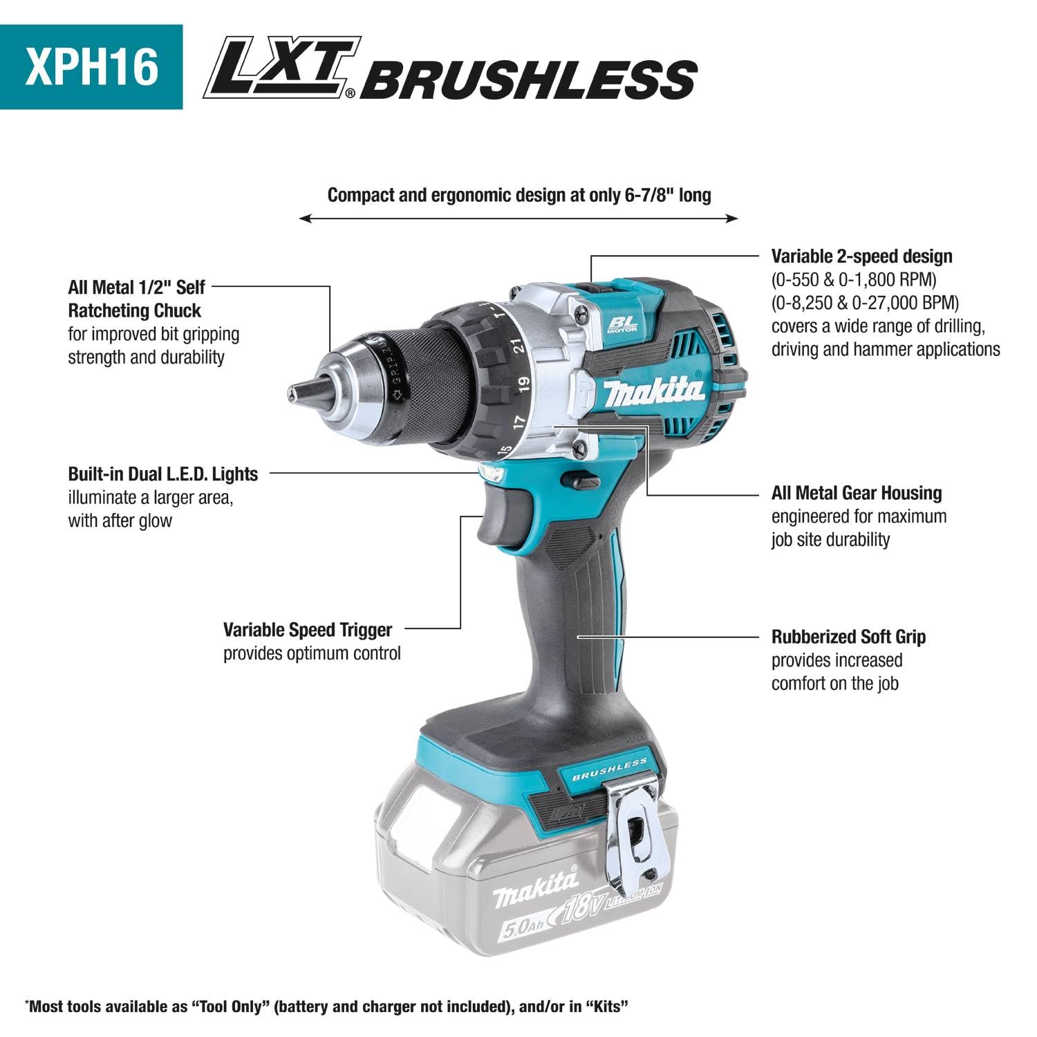 Makita XPH16Z 18V LXT® Lithium-Ion Compact Brushless Cordless 1/2" Hammer Driver-Drill, Tool Only Makita