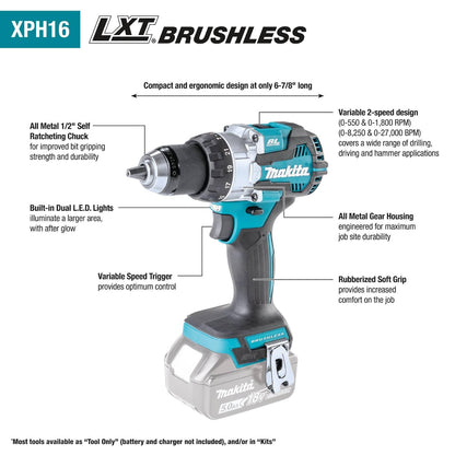 Makita XPH16Z 18V LXT® Lithium-Ion Compact Brushless Cordless 1/2" Hammer Driver-Drill, Tool Only - WoodArtSupply