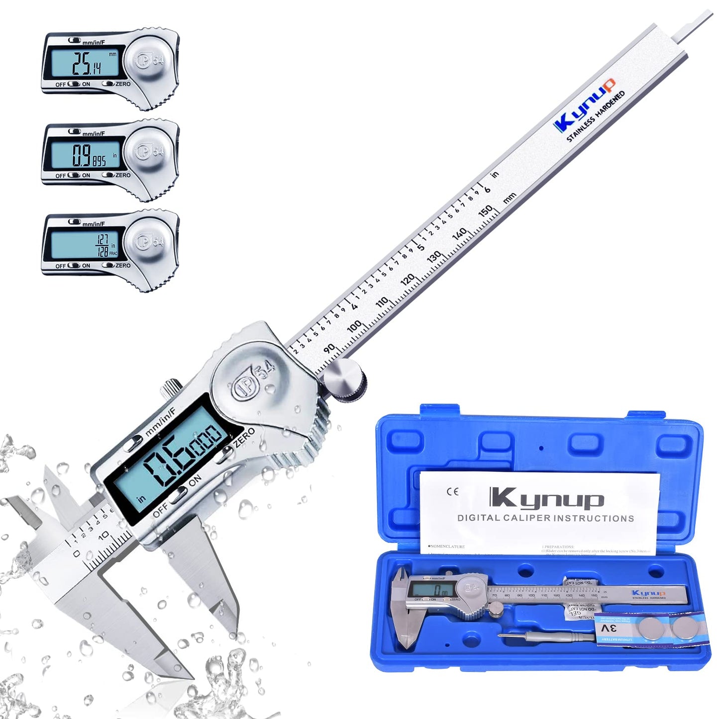 Kynup Digital Caliper, Calipers 6 Inch Measuring Tool with Stainless Steel, IP54 Splash Proof Protection Design, Easy Switch from Inch Metric - WoodArtSupply