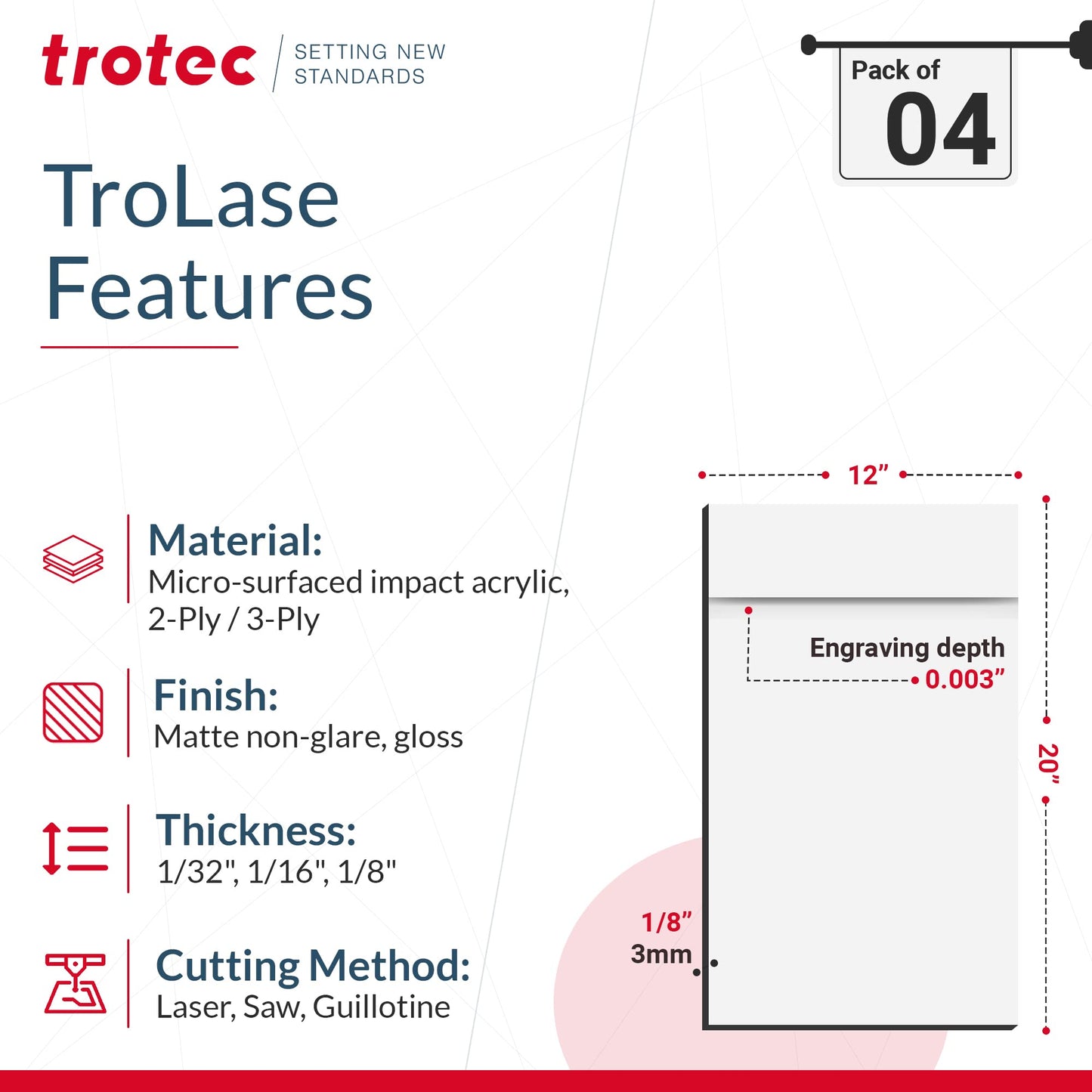 Trotec TroLase | 12"x20"x1/8", 4 Pcs | White/Black | 2 Ply | Modified Acrylic | Laser Engraving Double Color Plastic Sheet | Engraving Blanks for - WoodArtSupply