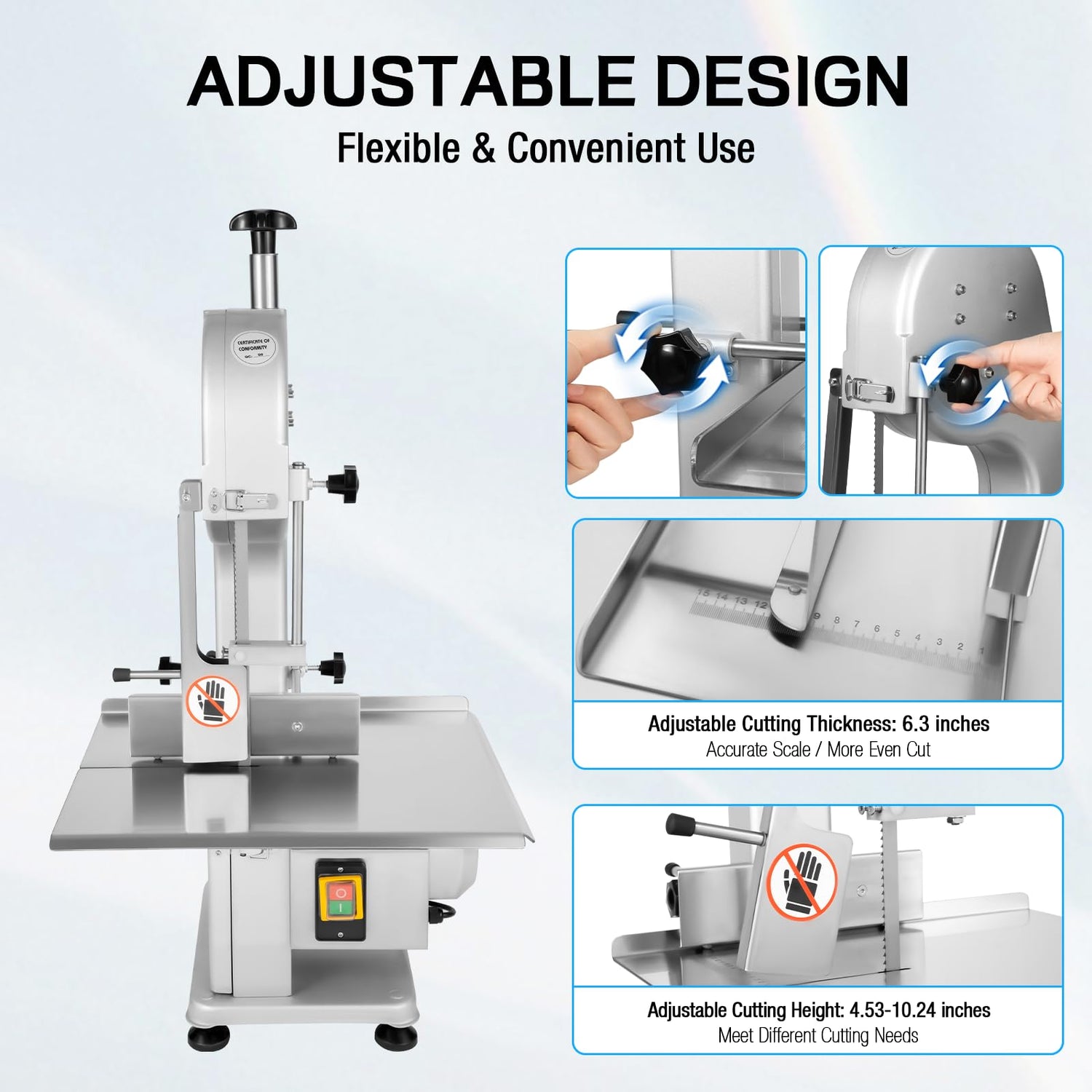 Electric Meat and Bone Saw w/18.7 * 14.96 inche Workbench, 1500W Stainless Steel Commercial Bone Band Saw Machine - 6.3 inches Adjustable Cutting REBaiYU