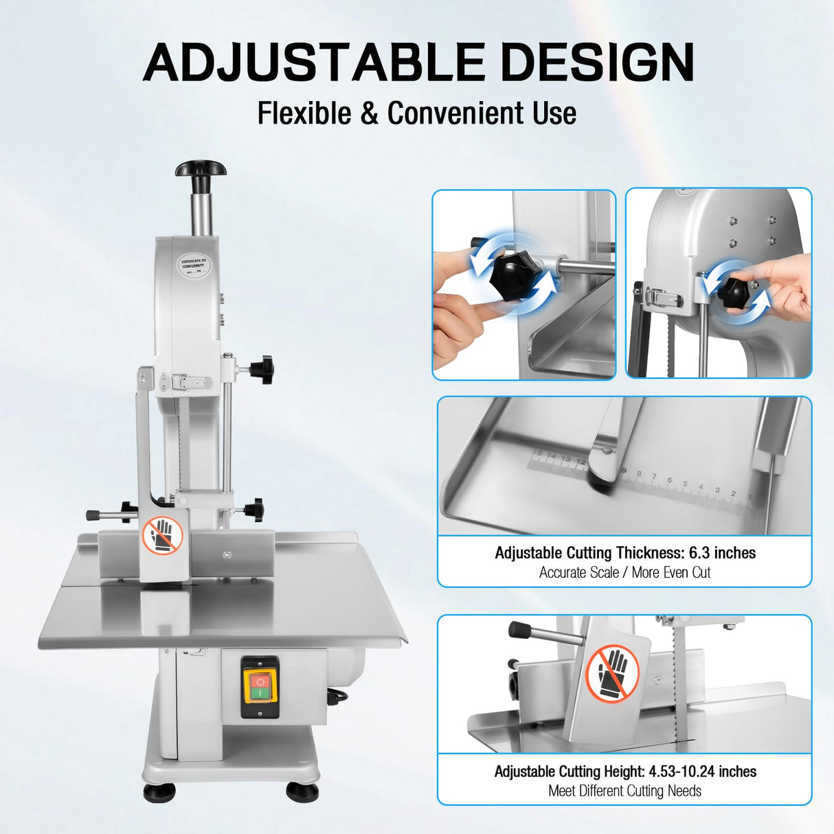 Electric Meat and Bone Saw w/18.7 * 14.96 inche Workbench, 1500W Stainless Steel Commercial Bone Band Saw Machine - 6.3 inches Adjustable Cutting REBaiYU