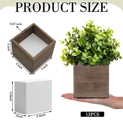 Suzile 12 Set 4 Inch Wooden Planter Box Square Wood Flower Box Rustic Cube Planter Box with Removable Foam Blocks Liner Square Vase for Centerpiece