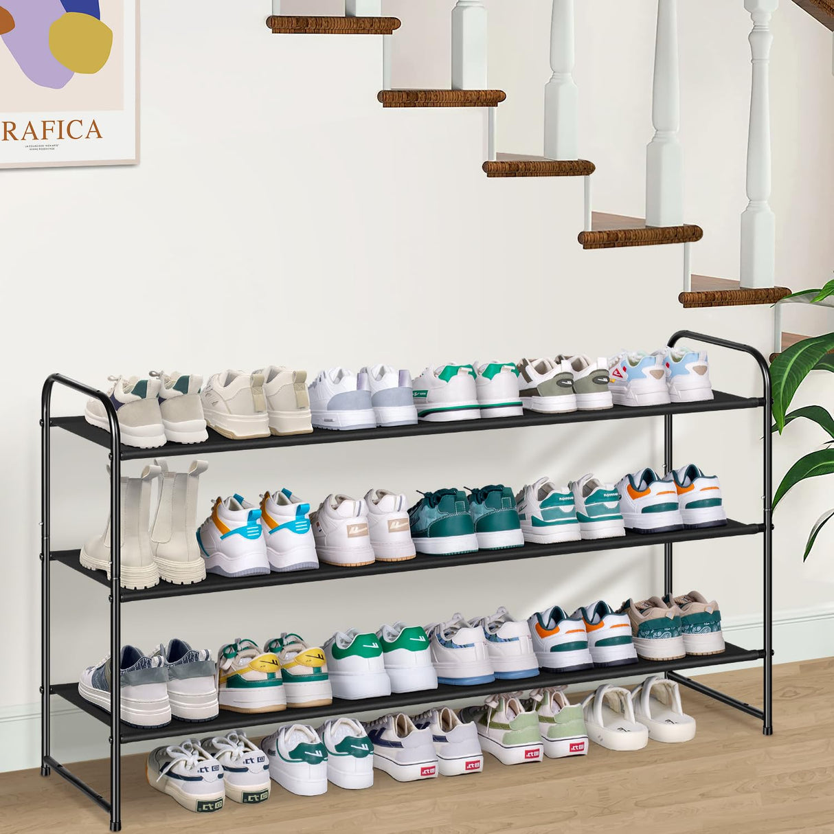 AOODA Long 3 Tier Shoe Rack for Closet Entryway, Stackable Wide Shoe Storage Organizer Holds 24 Pairs Shoe Rack Shelf for Bedroom, Floor, Garage, AOODA