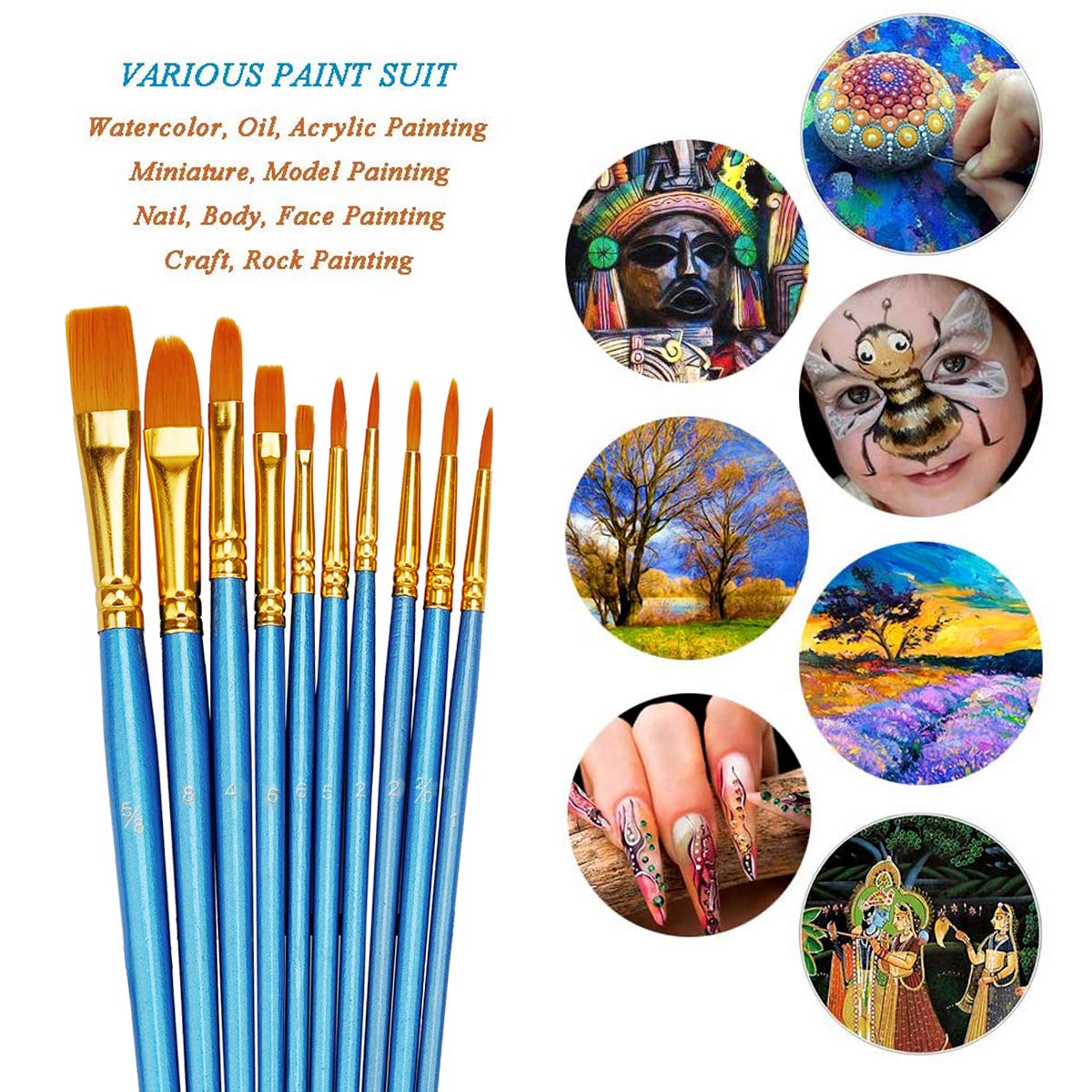 BOSOBO Pointed-Round Paint Brush, 4 Sets of 10 Pieces Fine Tip Nylon Hair Miniature Paint Brushes for Acrylic Oil Watercolor Gouache, Artist Face BOSOBO