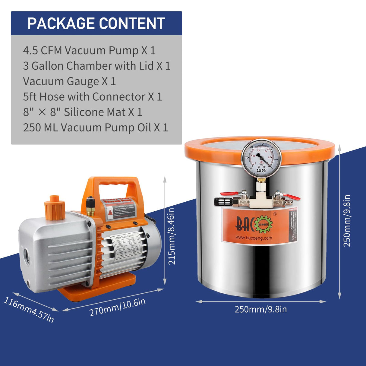 BACOENG 3 Gallon 4.5 CFM Tempered Glass Lid Vacuum Chamer with Pump, Degassing Chamber Kit for Stabilizing Wood, Degassing Silicones, Epoxies and BACOENG