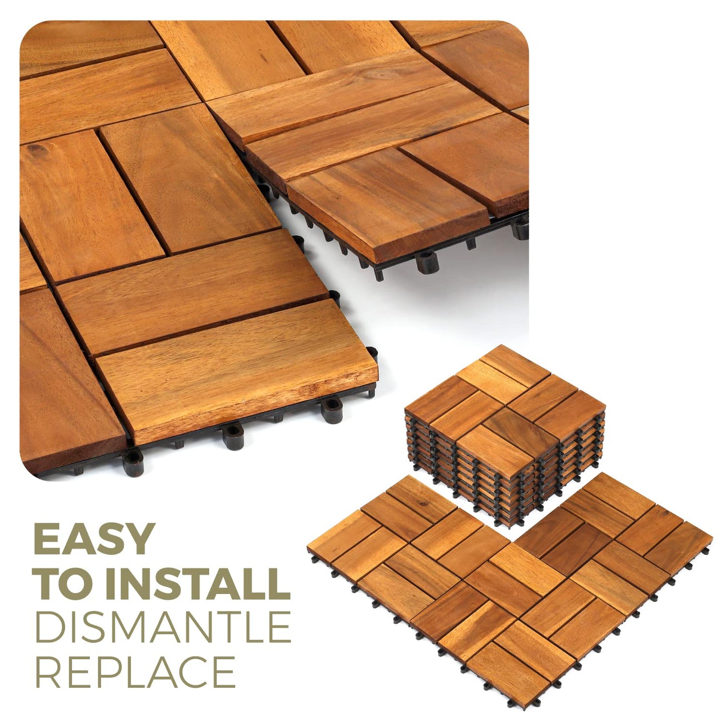 Solid Wood Interlocking Flooring Tiles (Pack of 10, 12" x 12"), Acacia Deck Tiles, Floor Tiles for Both Indoor and Outdoor Use, Waterproof All