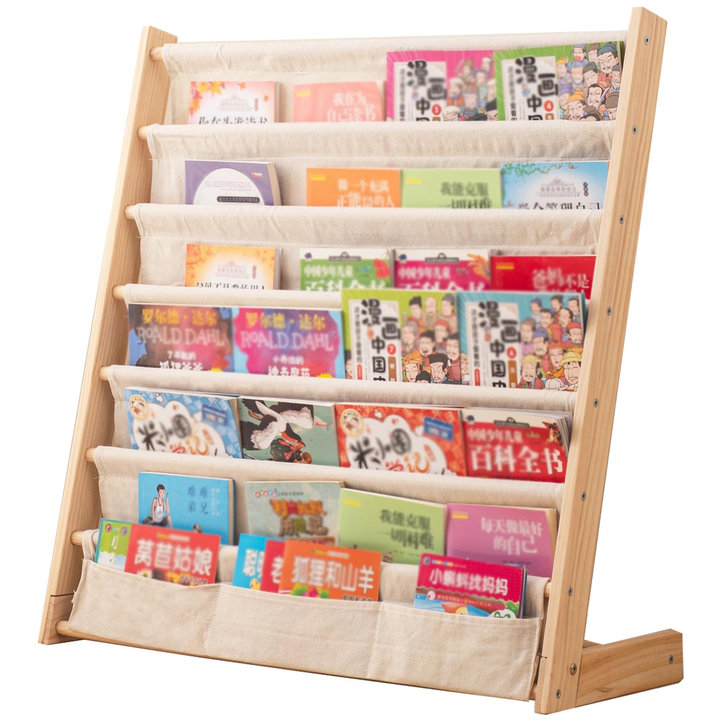 Wooden Bookshelf for Kids Wood Bookrack Canvas Book Storage Shelf Display Bookshelf 6 Tier Kids Book Rack for Bedroom Living Room Playroom Storage