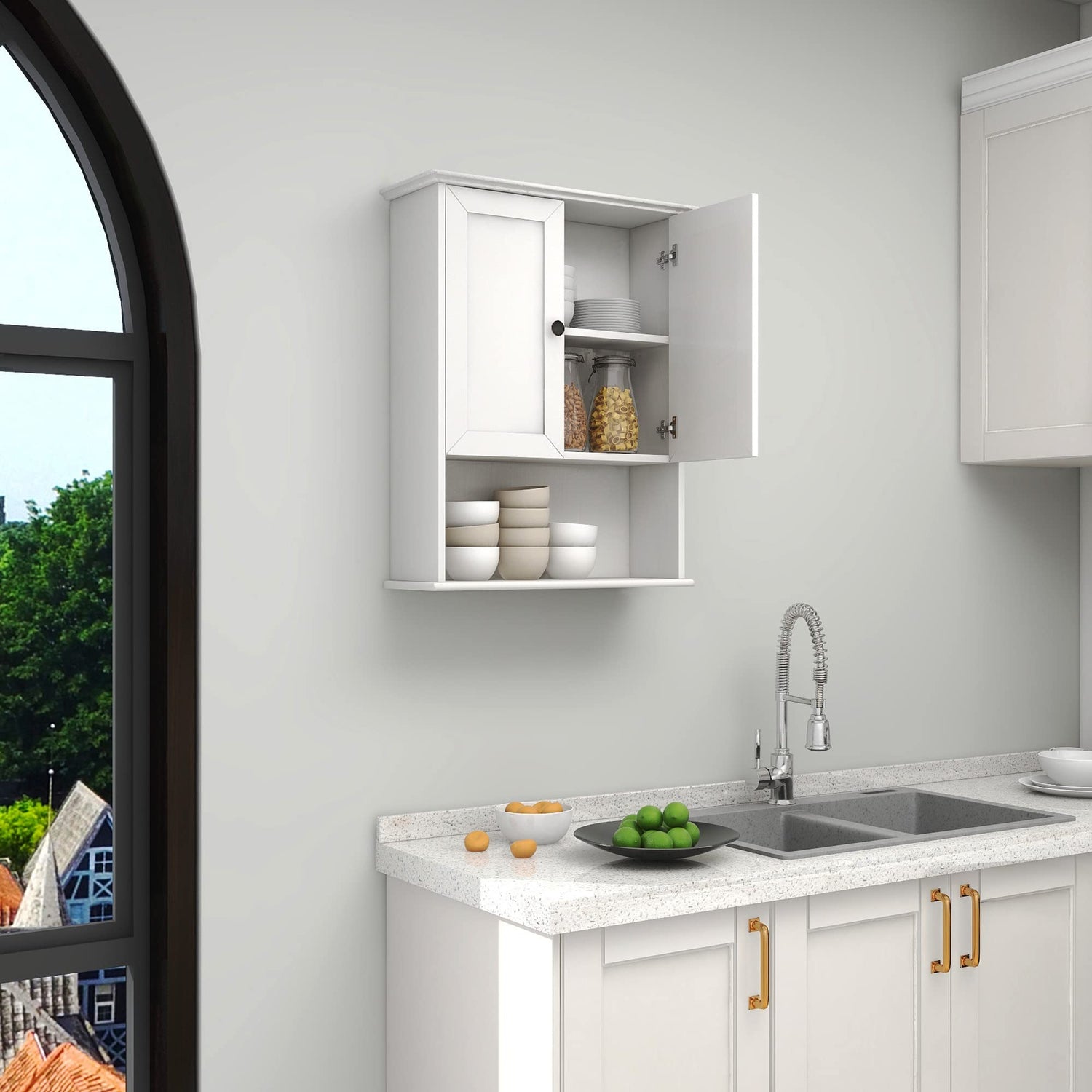 OONNEE White Bathroom Wall Cabinet 24x30 Inch Over Toilet Storage Cabinet Wall Mounted Wooden Medicine Cabinet with Adjustable Shelf, 2-Door Wall OONNEE