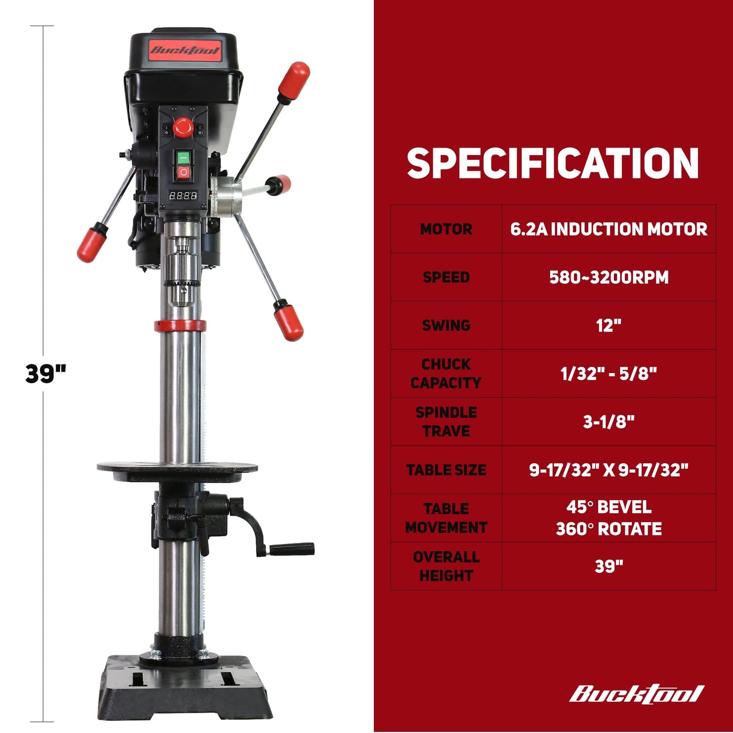 BUCKTOOL 12 INCH 6.2A Professional Bench Drill Press, 3/4HP Powerful Benchtop Drill Press, Variable Speed Drill Press with IIIA Laser and Work Light Bucktool