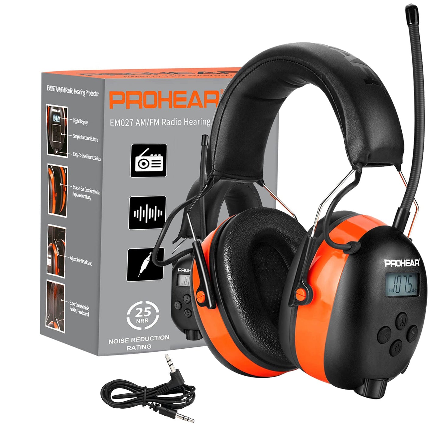 PROHEAR 027 AM FM Radio Headphones with Digital Display, 25dB NRR, Safety Ear Protection Earmuffs for Mowing, Snowblowing, Construction, Work Shops - - WoodArtSupply