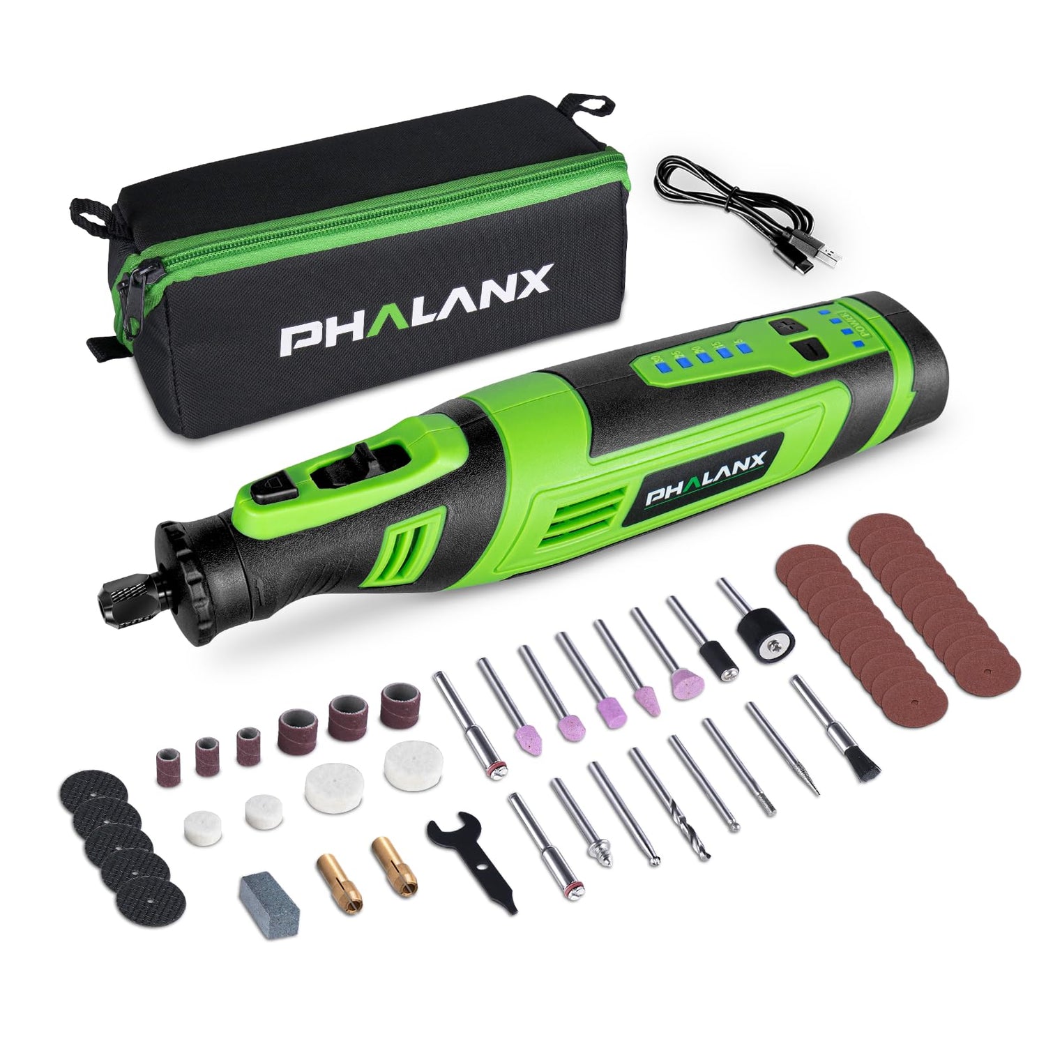 PHALANX 8V Cordless Rotary Tool Kit, 2.0 Ah Battery Rechargeable Rotary Tool with 73pcs Accessories, 5-Speed LED Light, Idea for Sanding, Carving, PHALANX