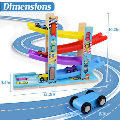 Montessori Toys for Toddlers, Children Race Track Toy with 4 Cars and 1 Wooden Parking Lot, Stable Base, Car Ramp Toy for 2 3 Year Old Boy Girl Gifts